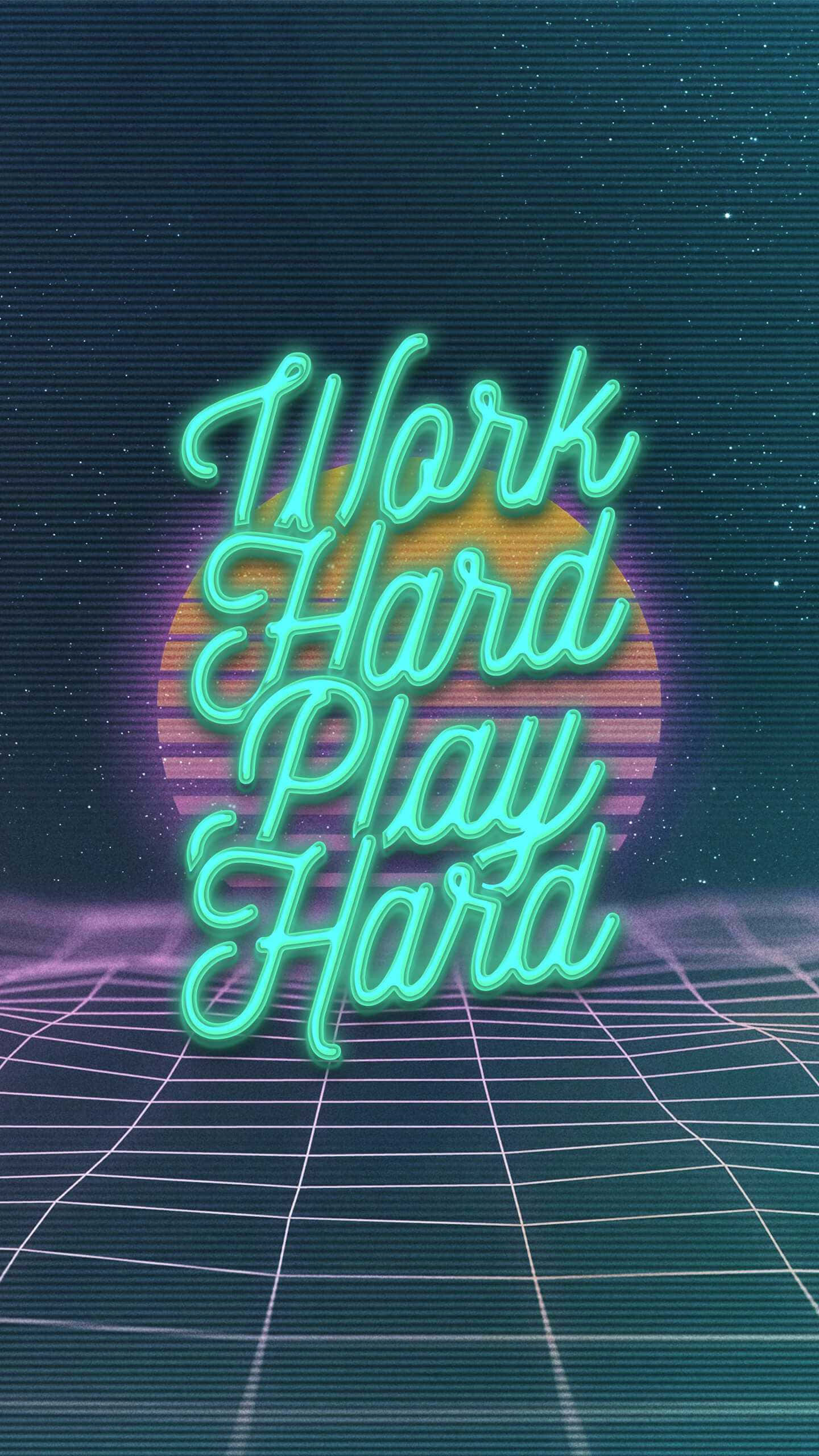 Work Hard, neon green, retro-futuristic grid, 2K Phone Wallpaper