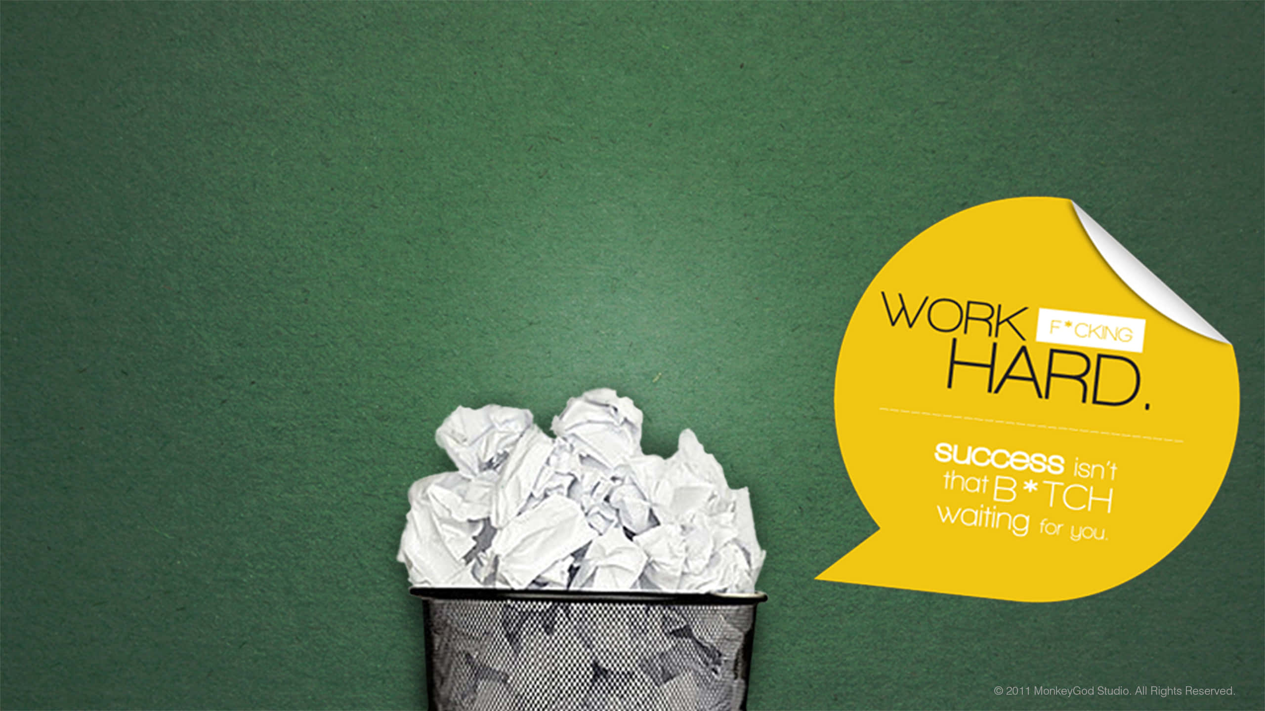 Work Hard, green wall, yellow speech bubble, 2K Desktop Wallpaper