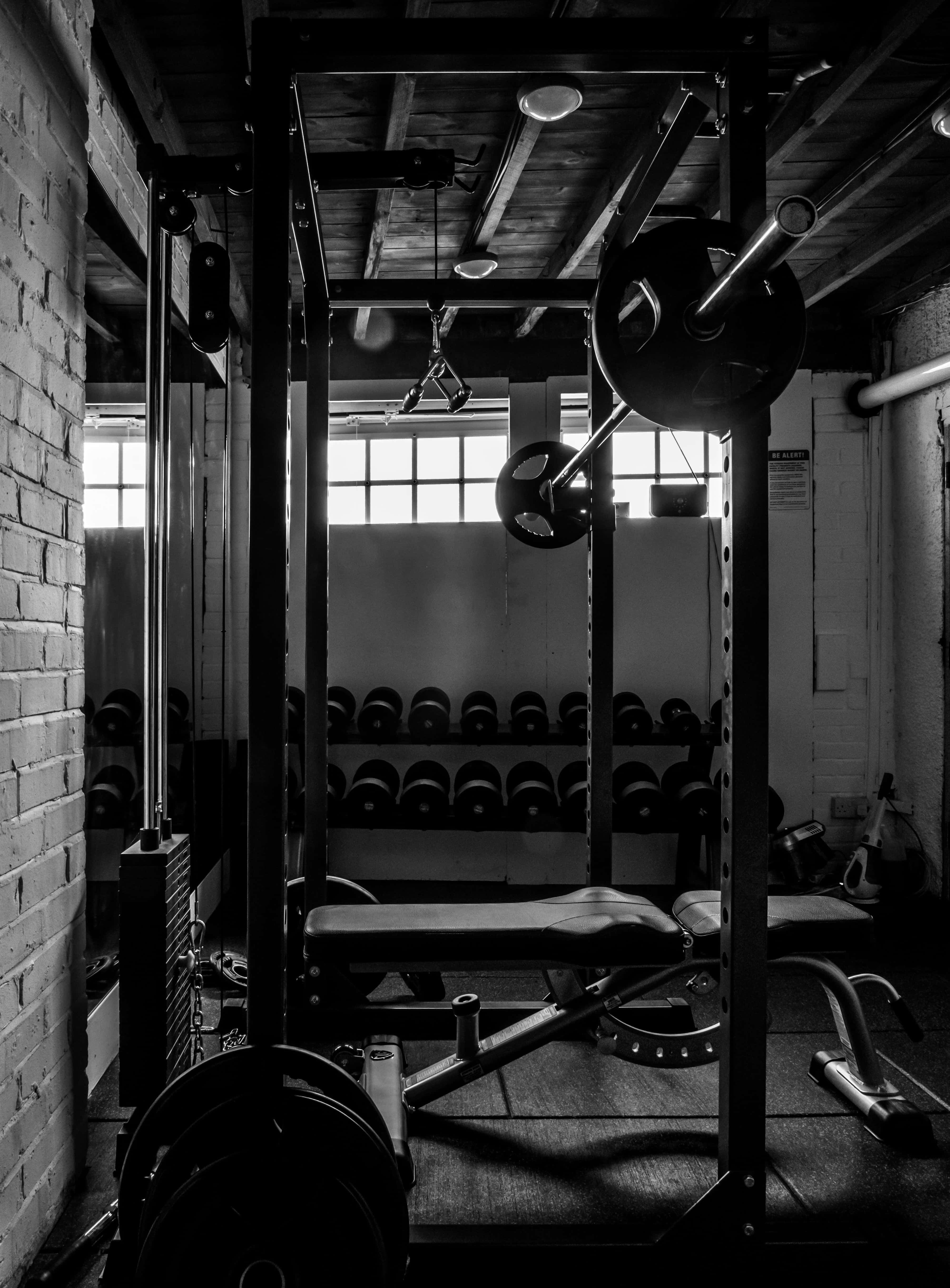 monochrome gym interior, squat rack, barbell, 4K Phone Wallpaper