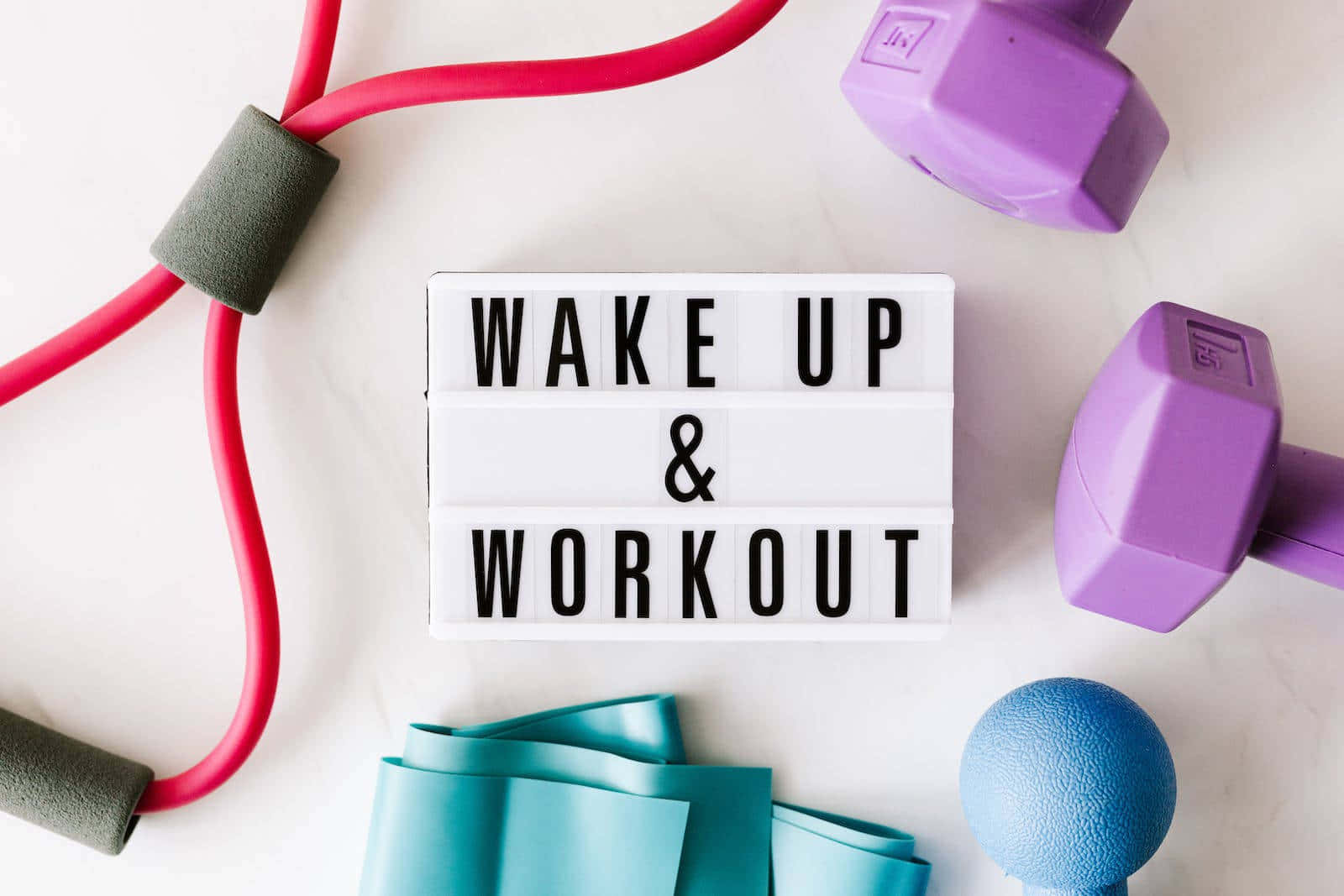 white lightbox, purple dumbbells, red resistance band, HD Desktop Wallpaper