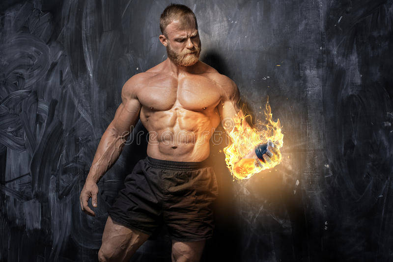 bodybuilders, fiery fist, glowing flames, SD Desktop Wallpaper