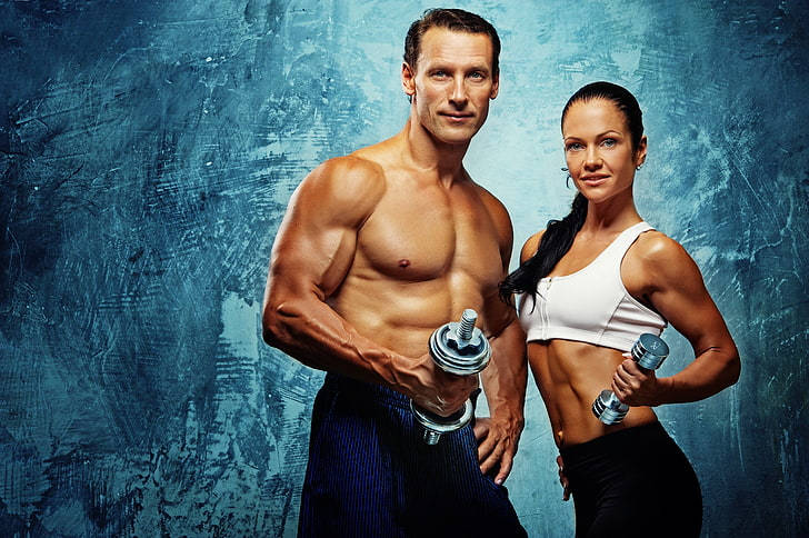 muscular man, muscular woman, dumbbells, SD Desktop Wallpaper