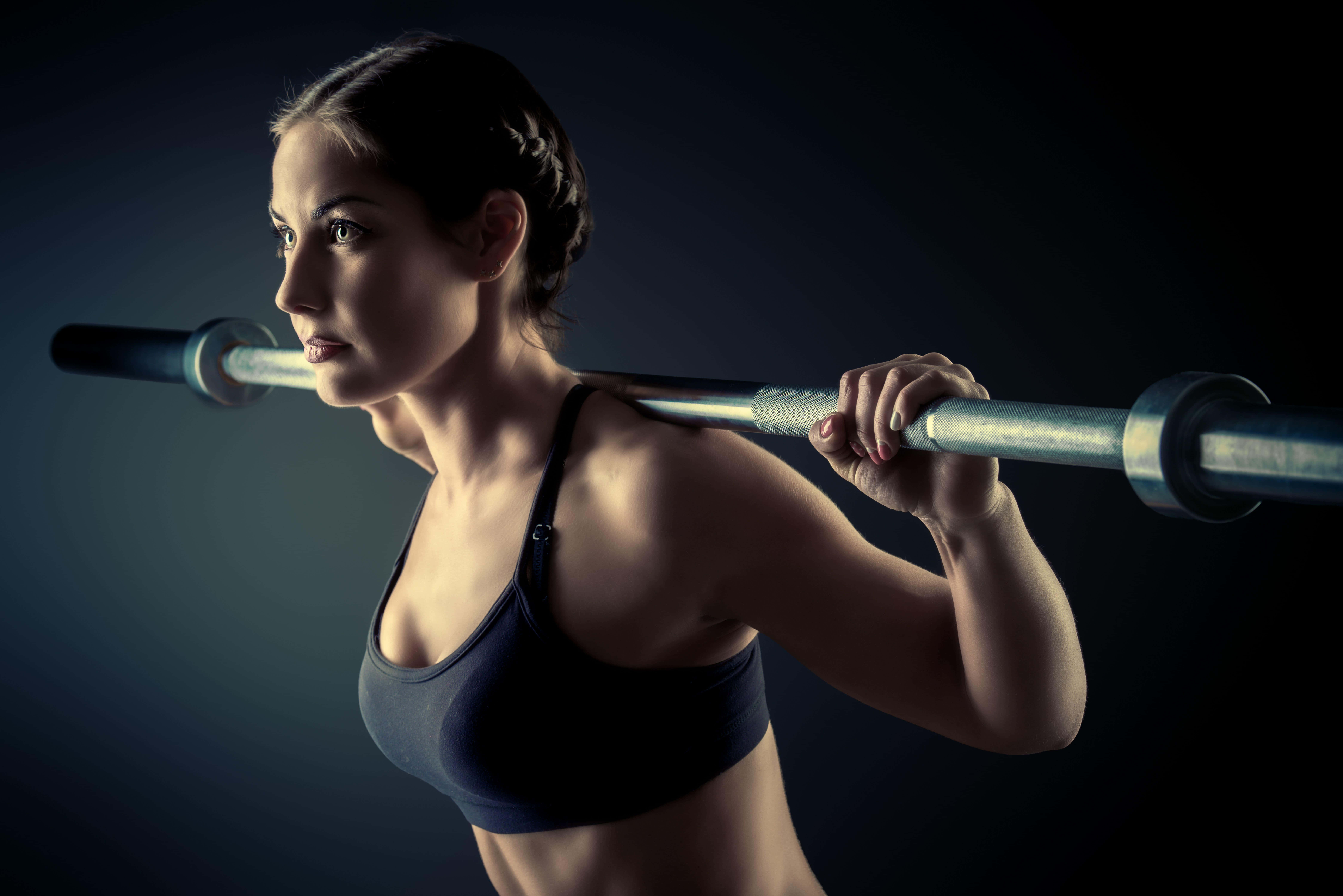female athlete, barbell, dark sports bra, 8K Desktop Wallpaper