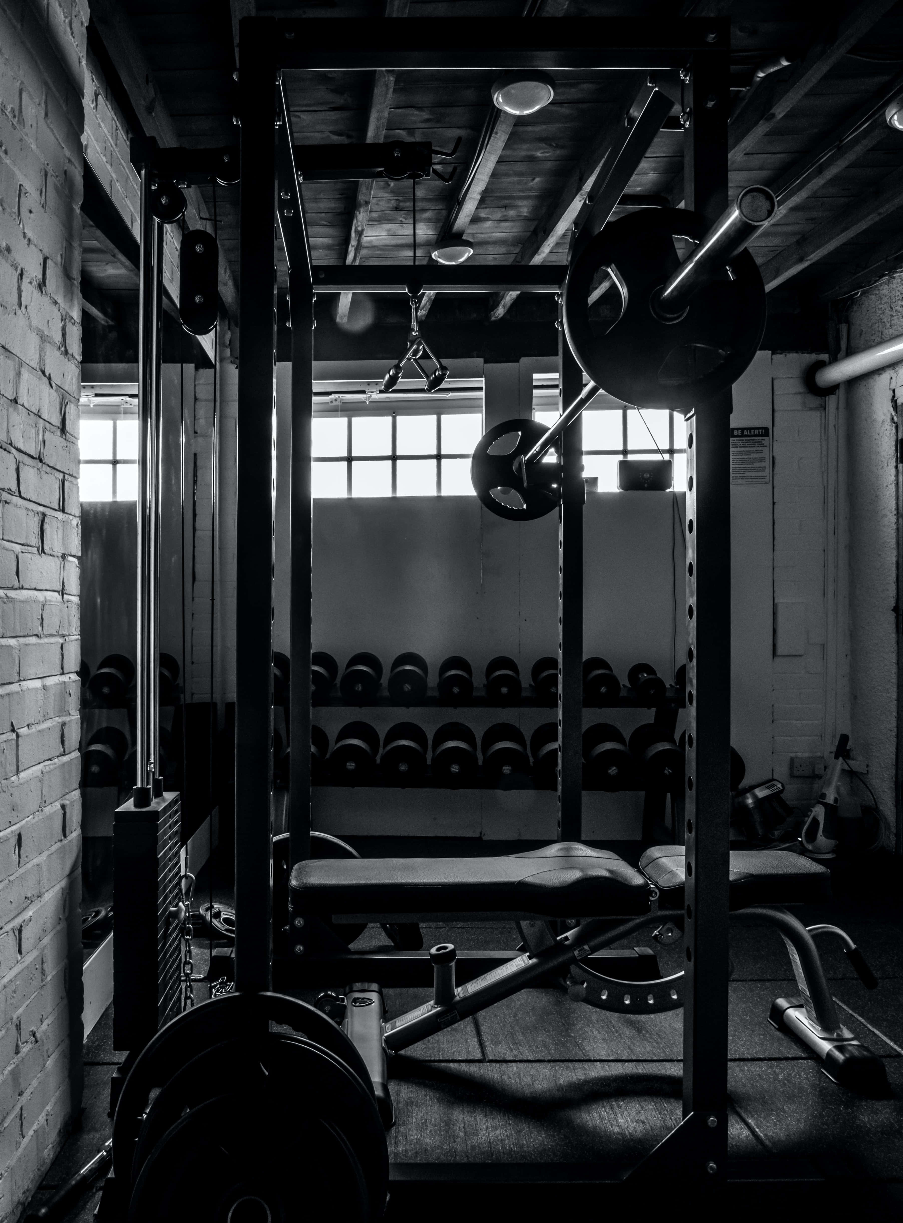 monochrome gym, squat rack, dumbbells, 4K Phone Wallpaper