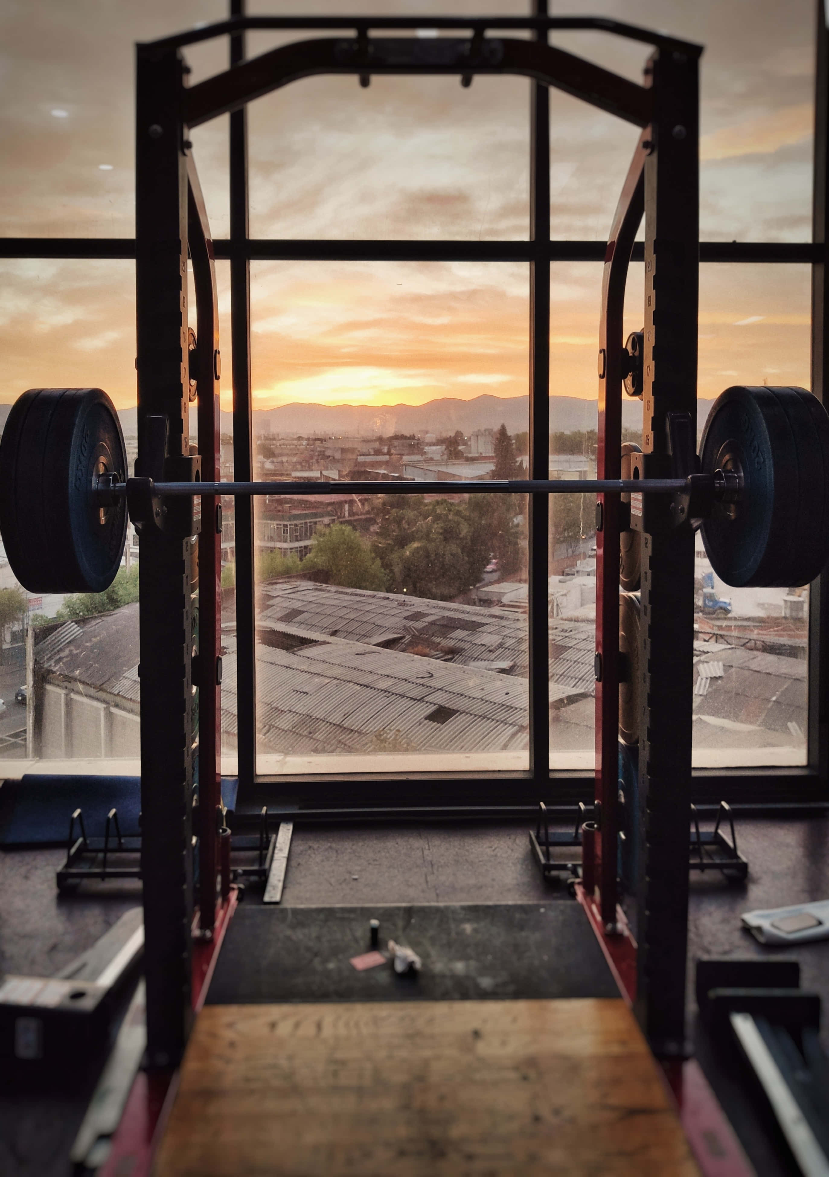 sunset, gym, squat rack, 4K Phone Wallpaper