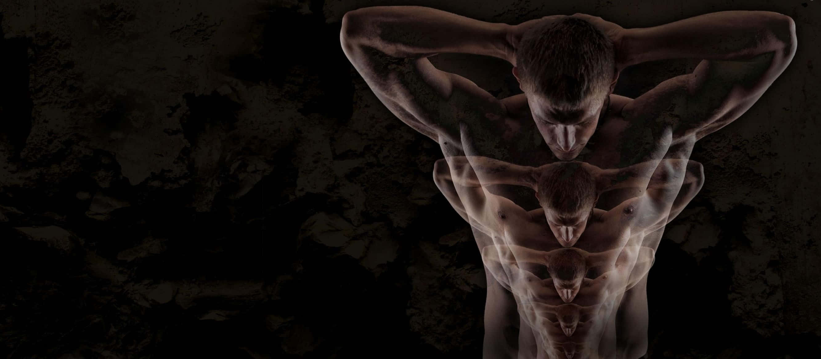 muscular back, dark gritty setting, layered translucent overlays, 2K Desktop Wallpaper