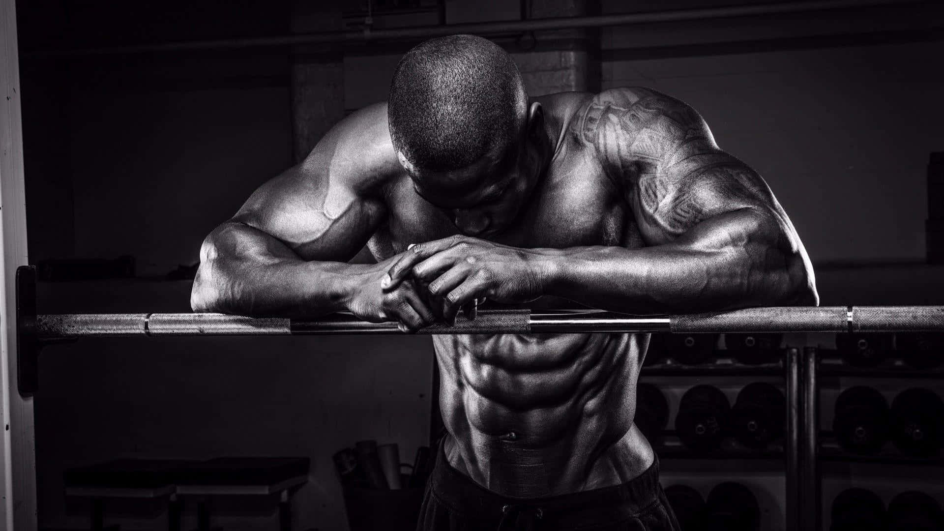 barbell, dimly lit gym, defined abs, Full HD Desktop Wallpaper