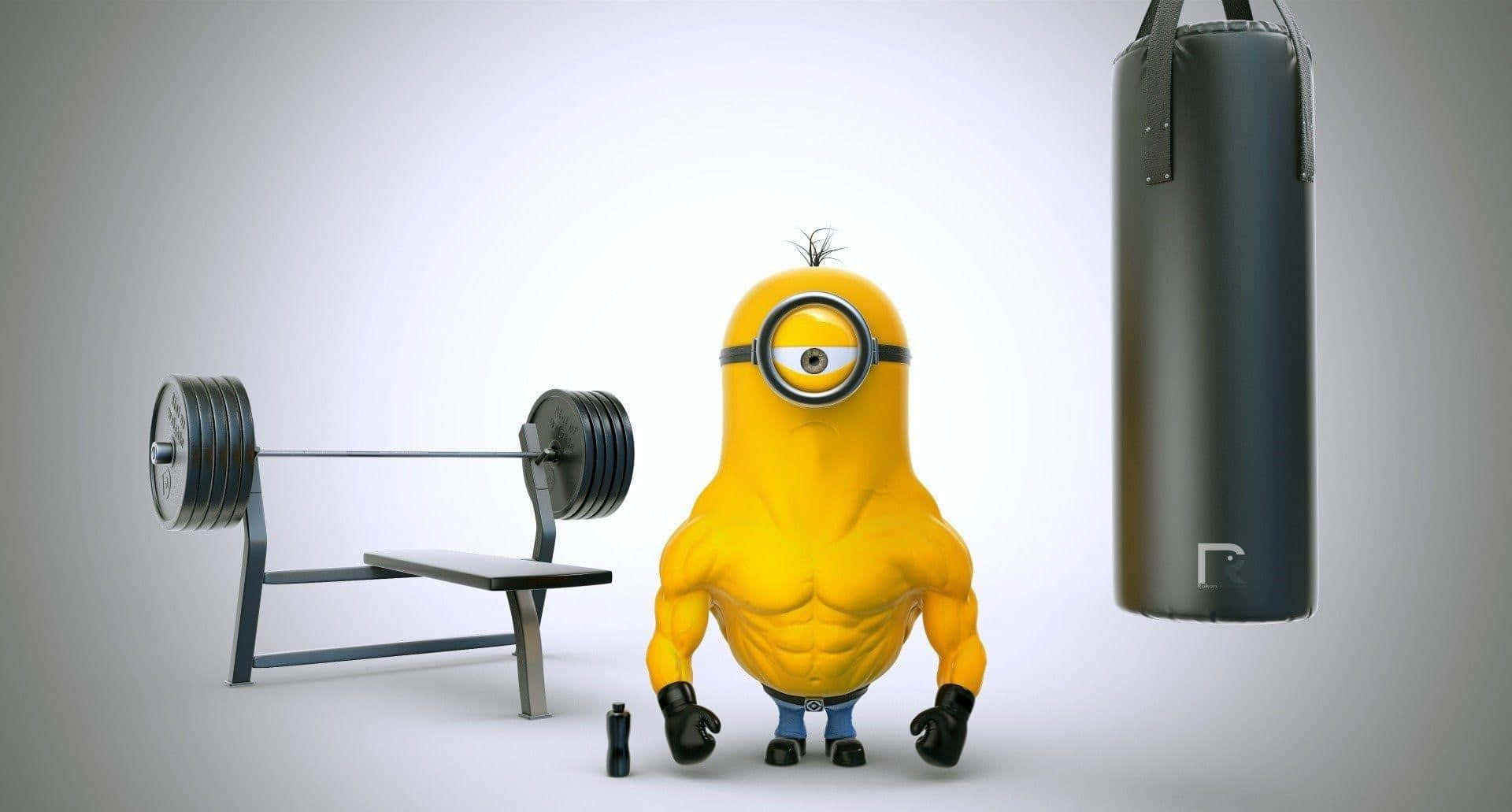 muscular yellow Minion, gym, barbell bench, Full HD Desktop Wallpaper