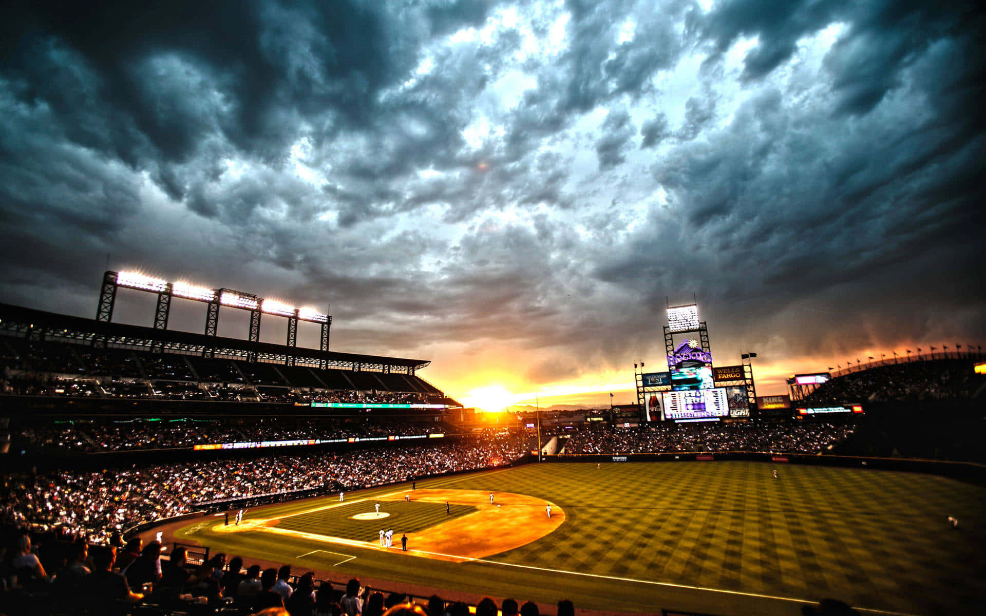 baseball stadium, crowd, sunset, Full HD Desktop Wallpaper
