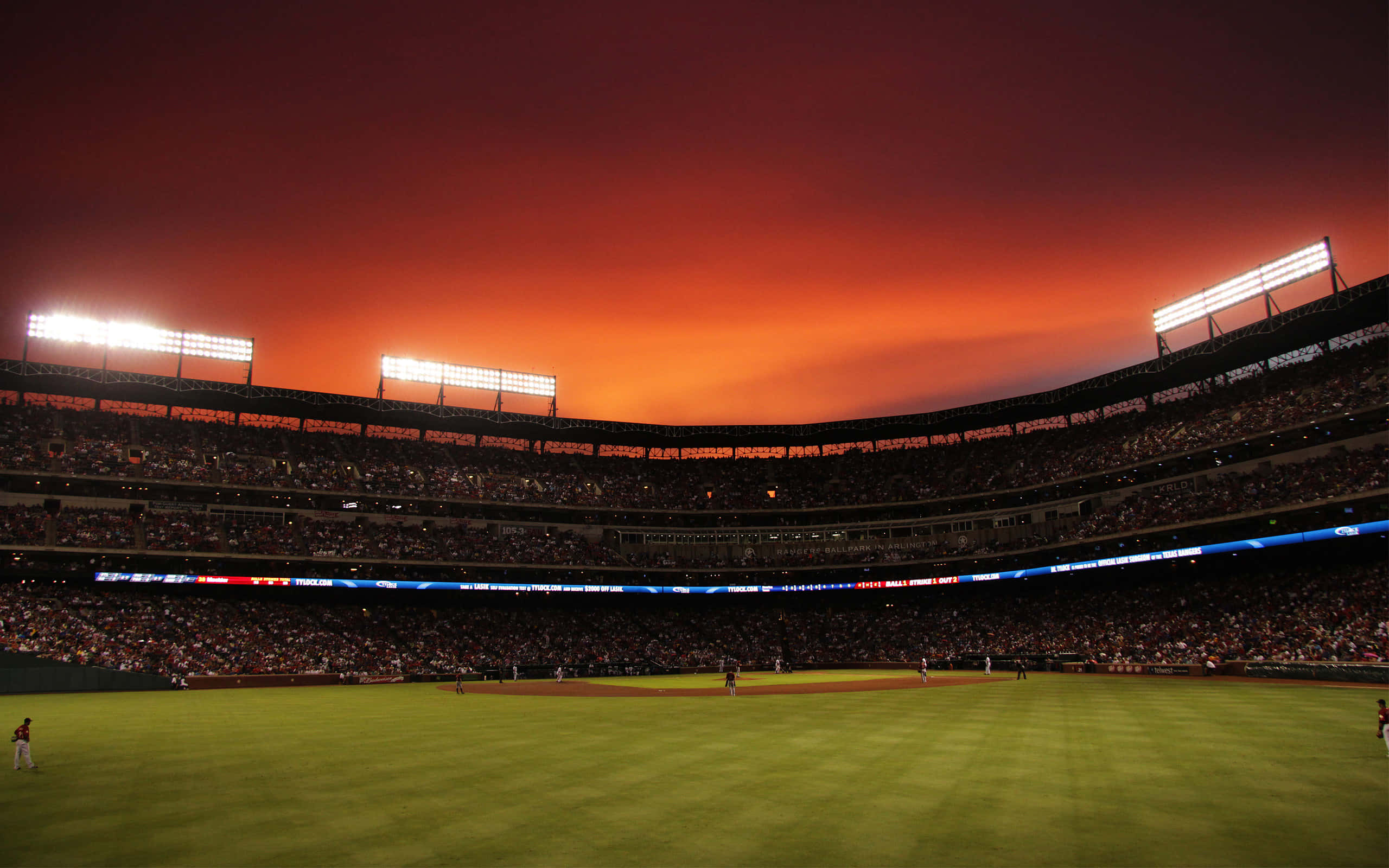 baseball field, sunset, fiery orange sky, 2K Desktop Wallpaper