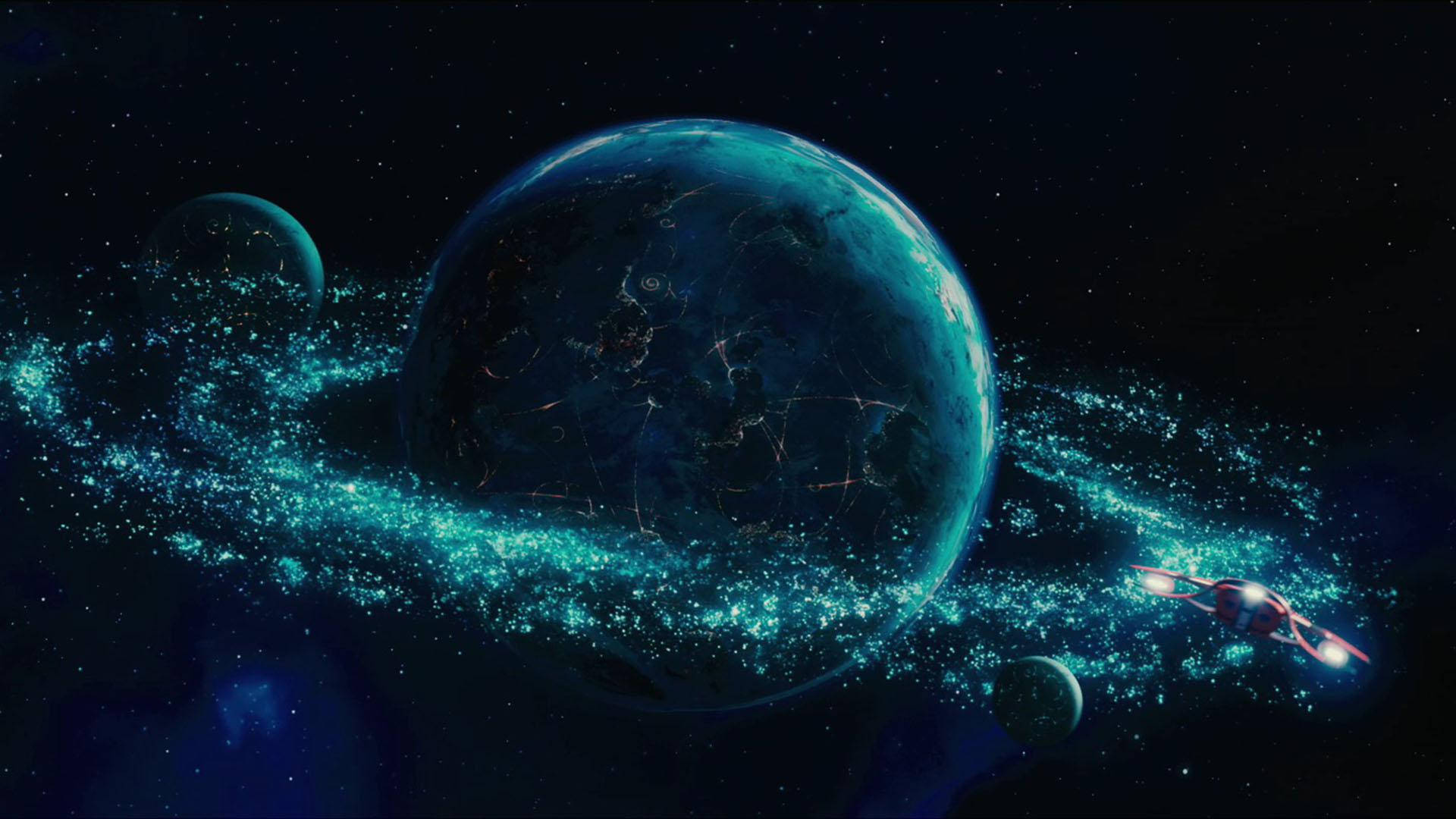 World Globe, glowing teal planet, sparkling ring system, Full HD Desktop Wallpaper