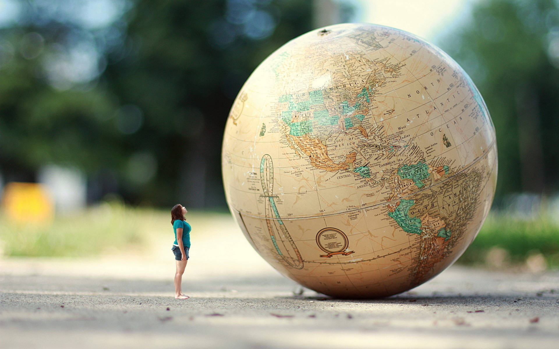 World Globe, giant vintage globe, sunlit park, Full HD Desktop Wallpaper