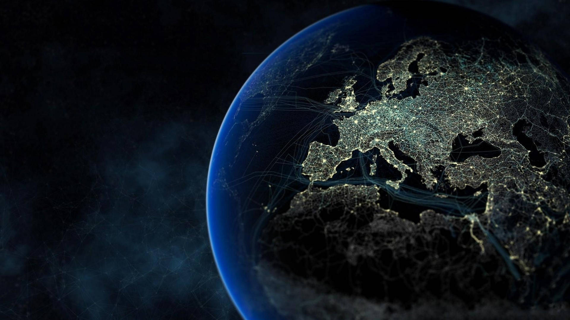 World Globe, glowing blue planet Earth, Europe's illuminated cities, Full HD Desktop Wallpaper