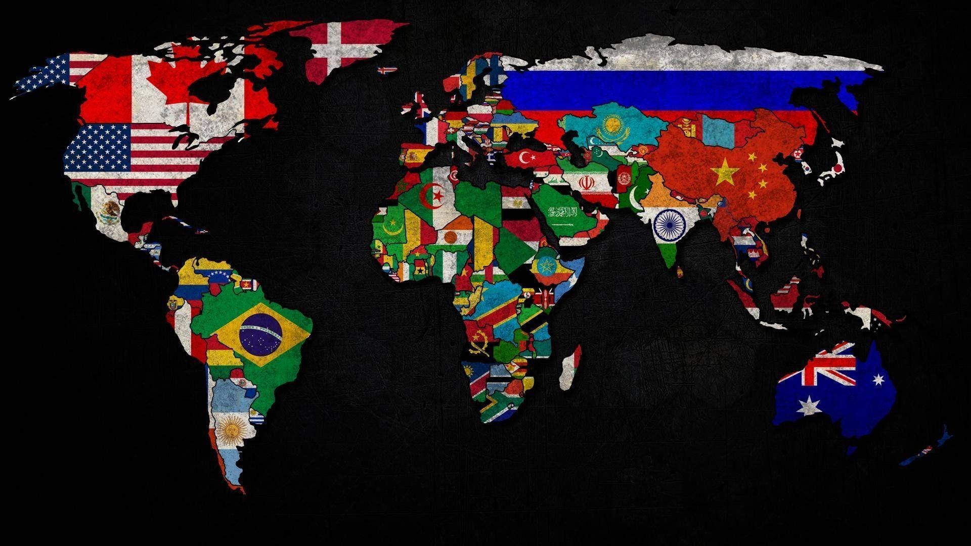 World Globe, country flags, textured black background, Full HD Desktop Wallpaper