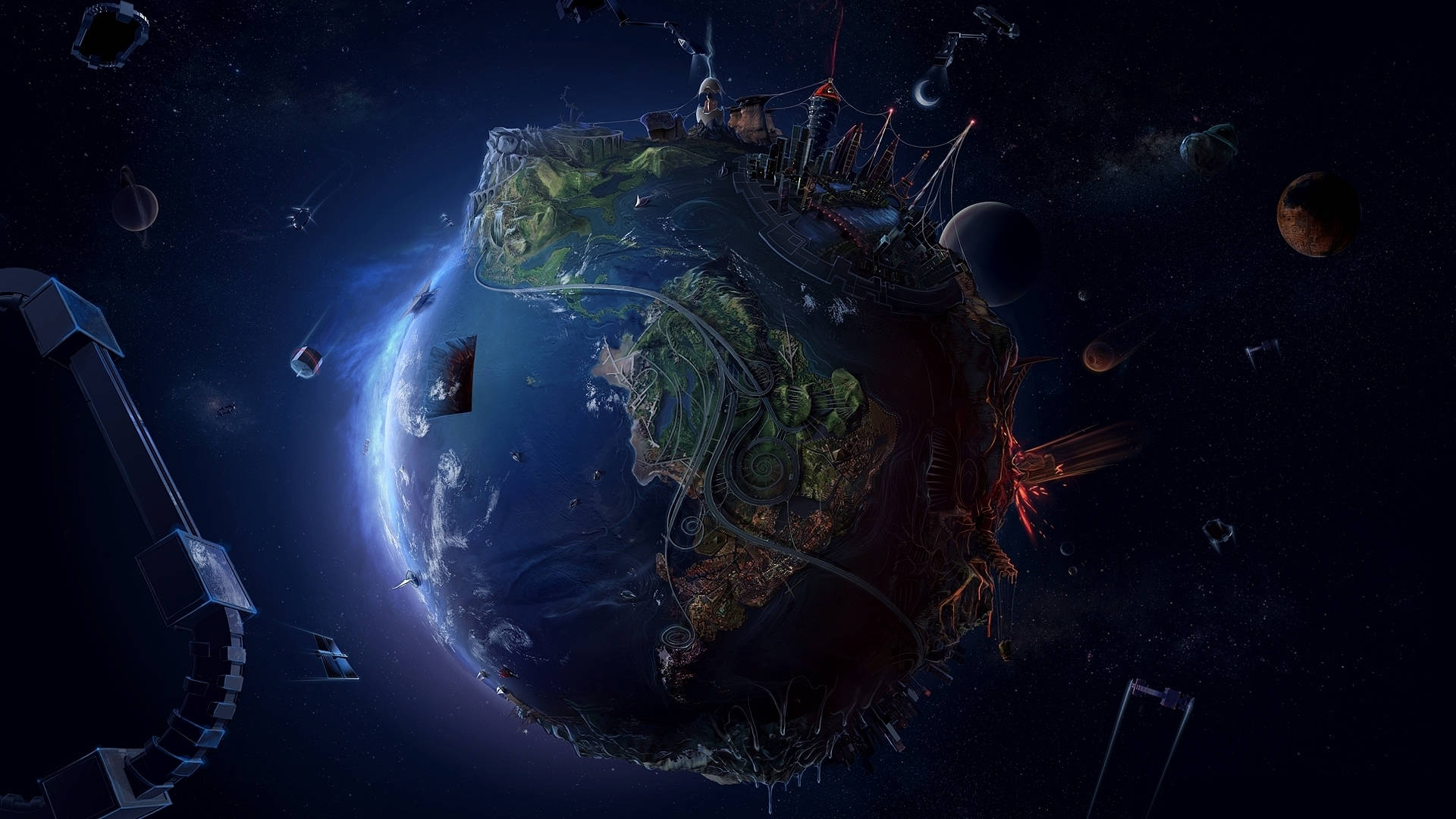 World Globe, floating planet, lush green continents, Full HD Desktop Wallpaper
