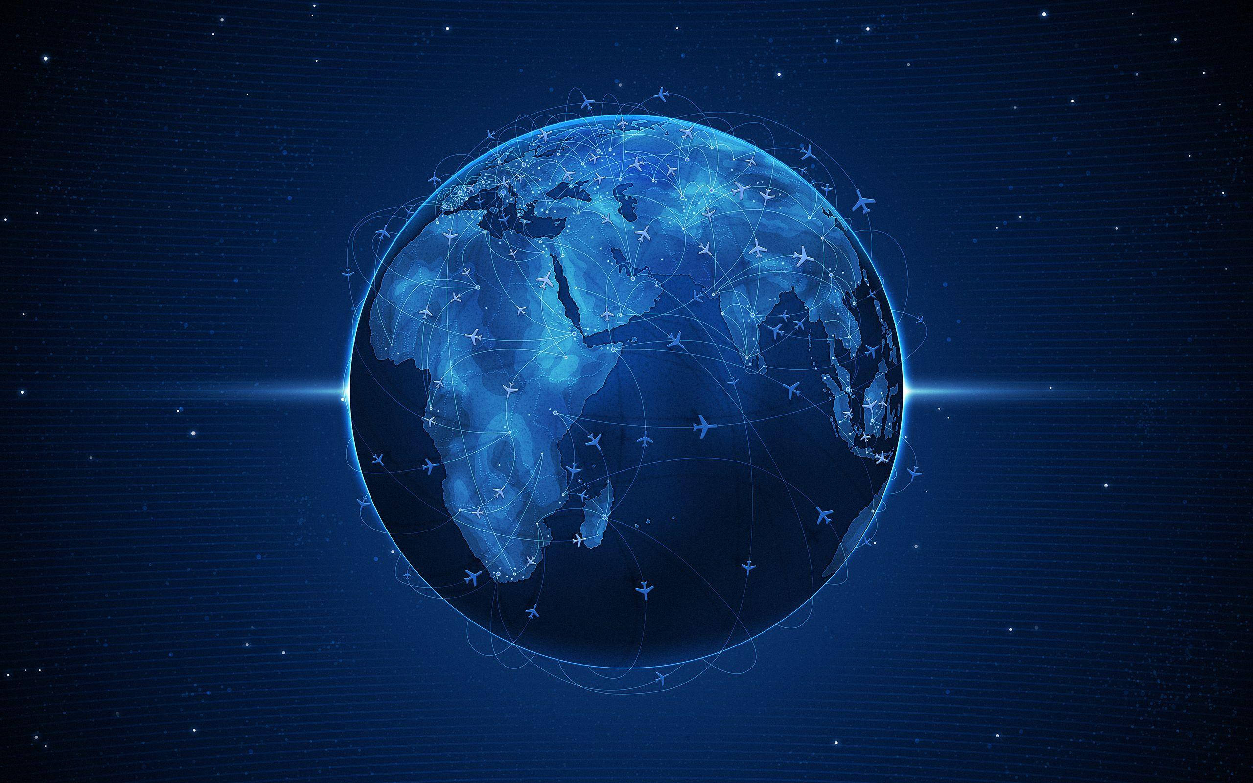 blue international globe, glowing blue digital globe, interconnected flight paths, 2K Desktop Wallpaper
