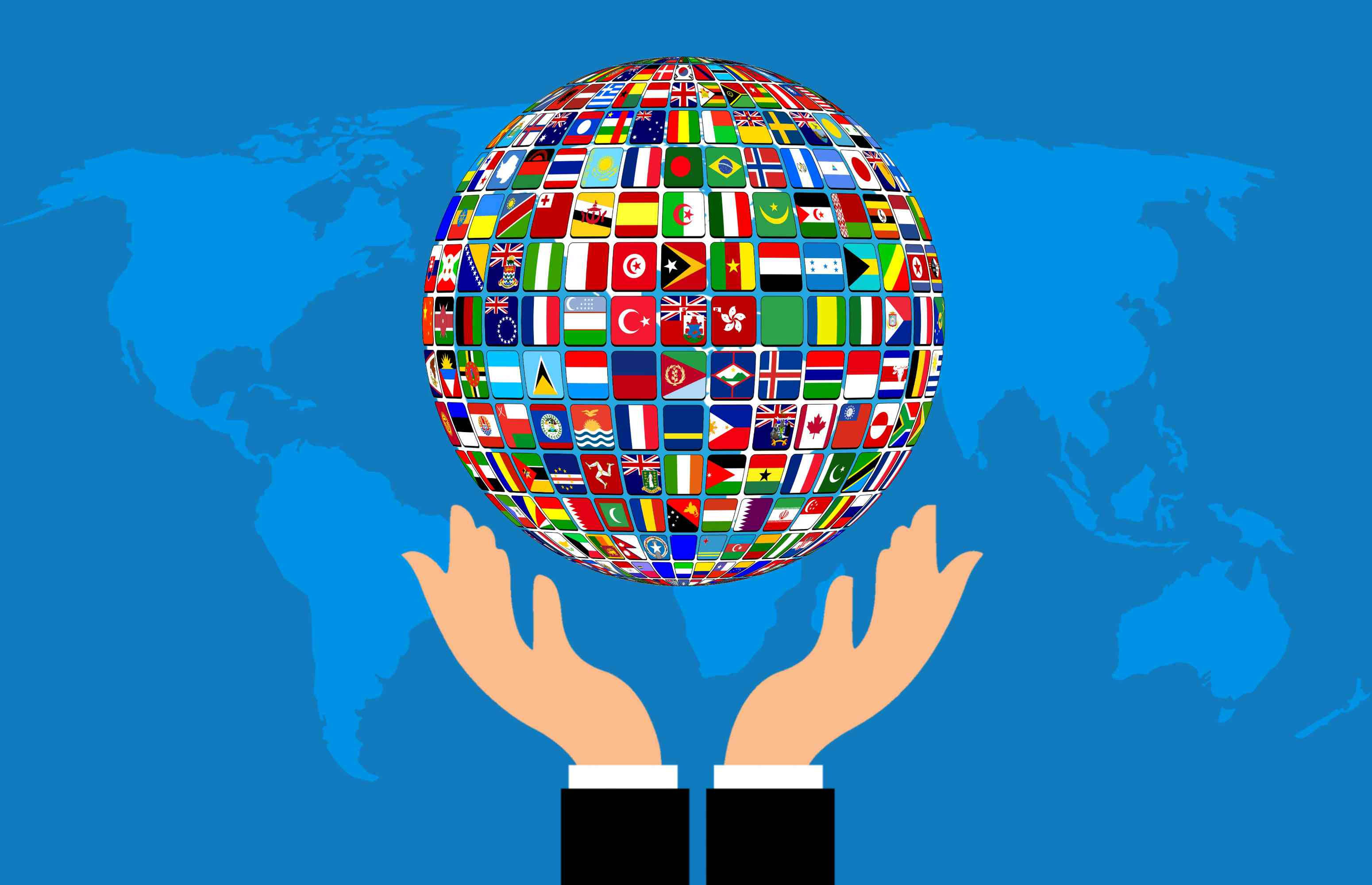 globe, international flags, blue world map background, 2K Desktop Wallpaper