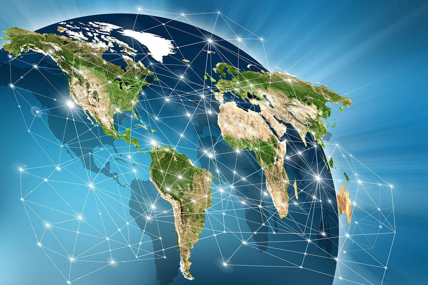 glowing blue planet Earth, continents visible, glowing network of white lines and dots, HD Desktop Wallpaper
