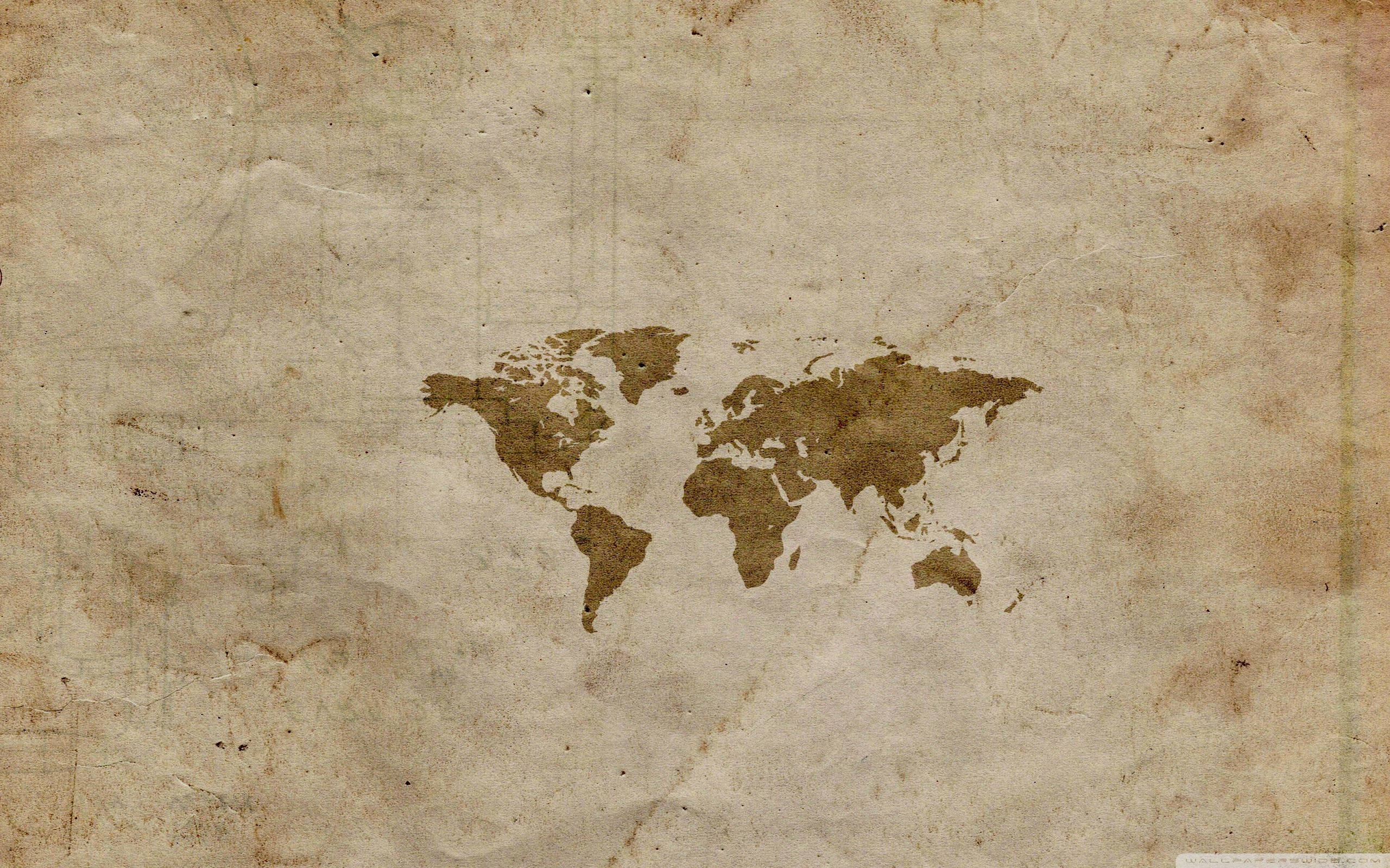 vintage world map, earthy brown tones, textured aged parchment paper, 2K Desktop Wallpaper