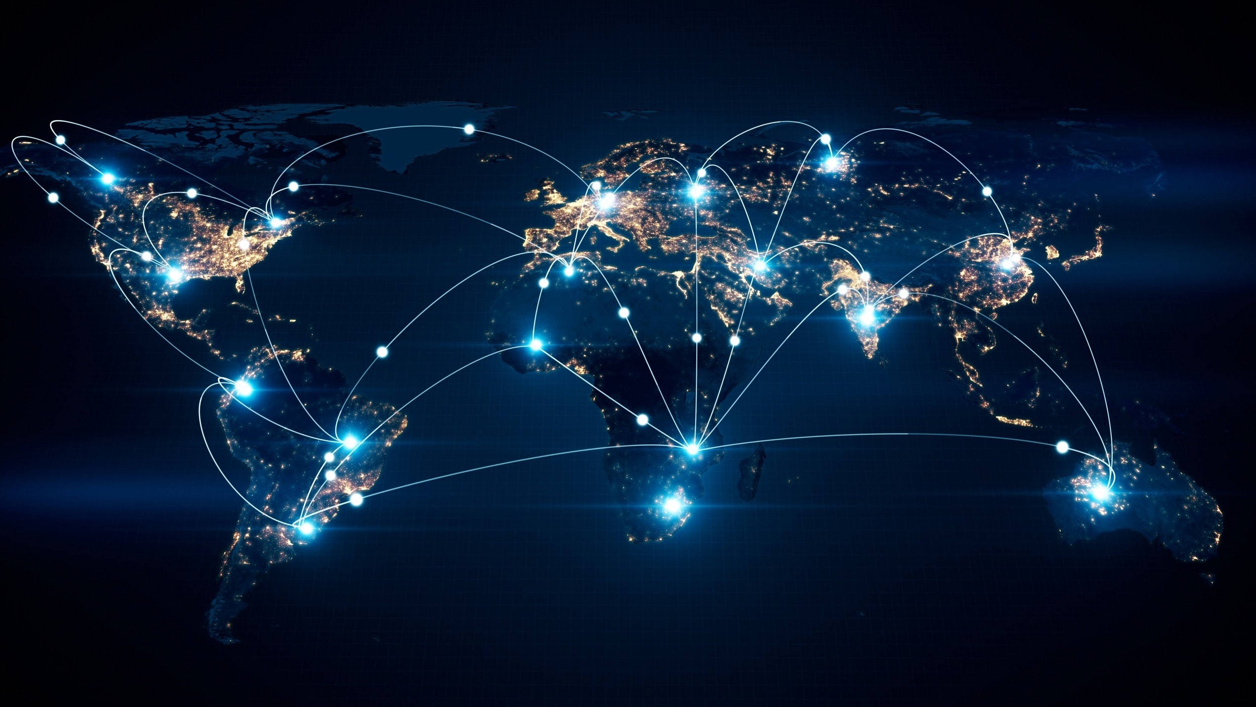 glowing blue digital network, illuminated cities, dark world map, Full HD Desktop Wallpaper