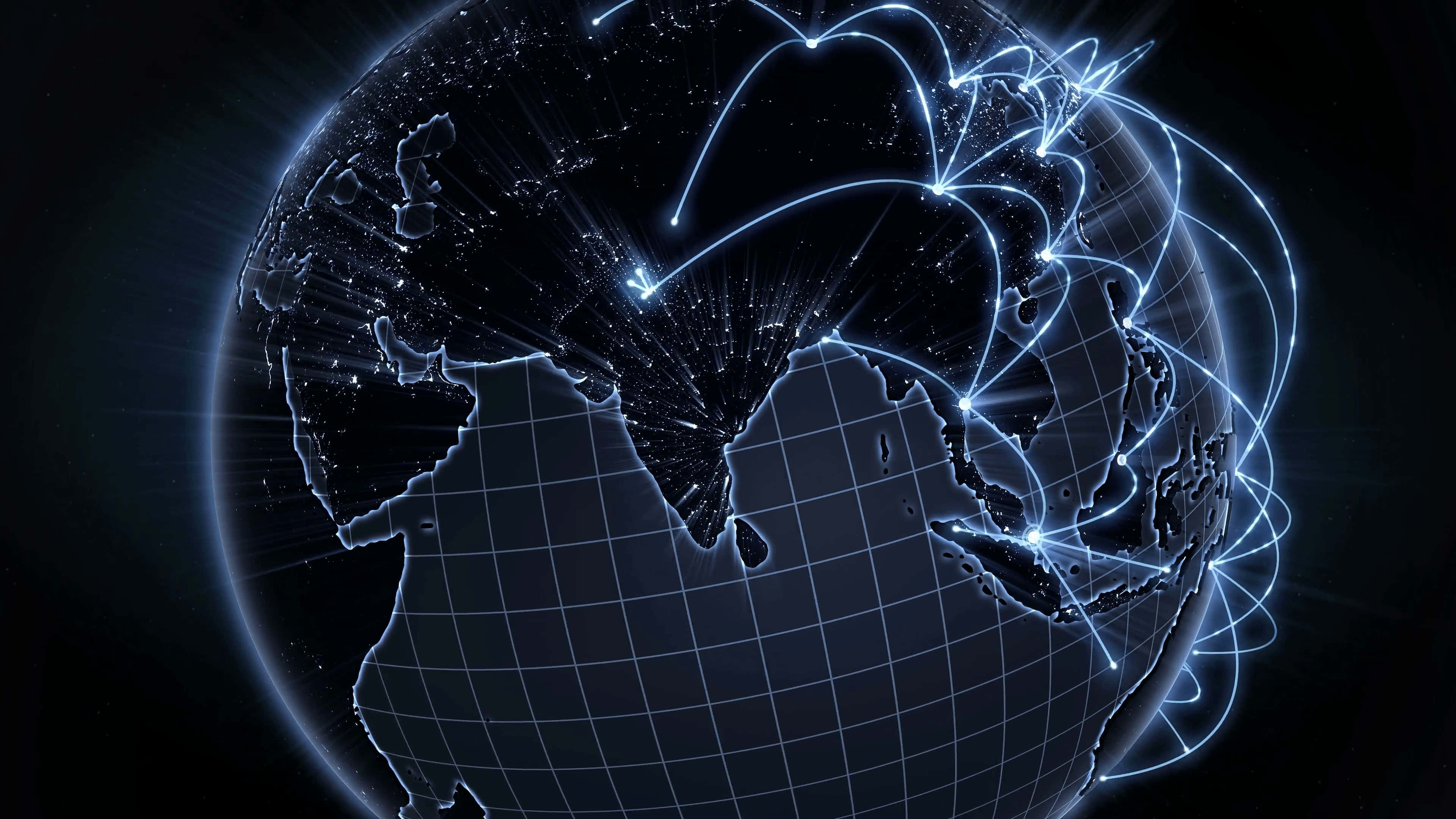 dark blue globe, glowing white network lines, continents, 4K Desktop Wallpaper