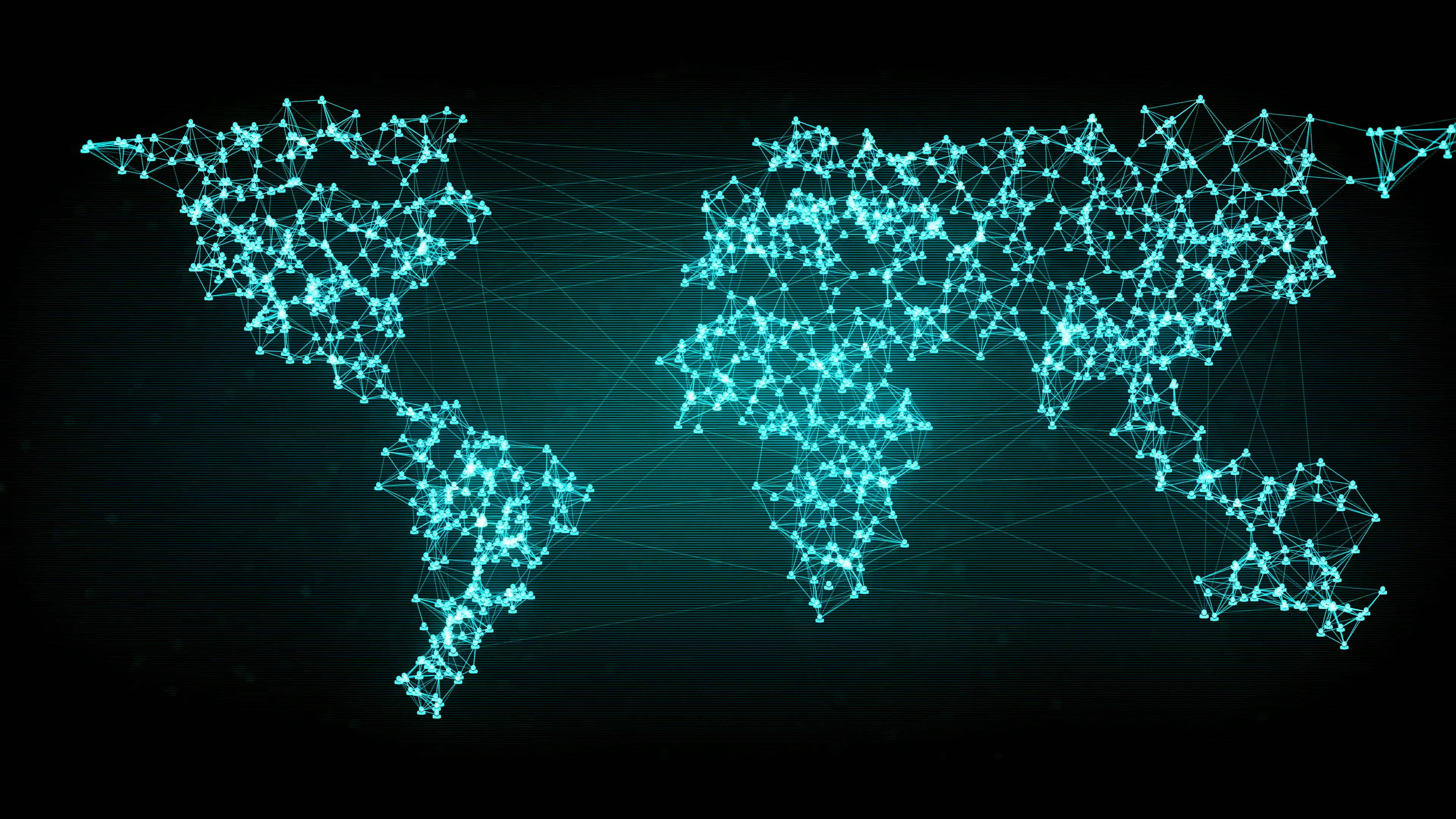 Connected World Map 4K, glowing cyan, digital world map, 4K Desktop Wallpaper