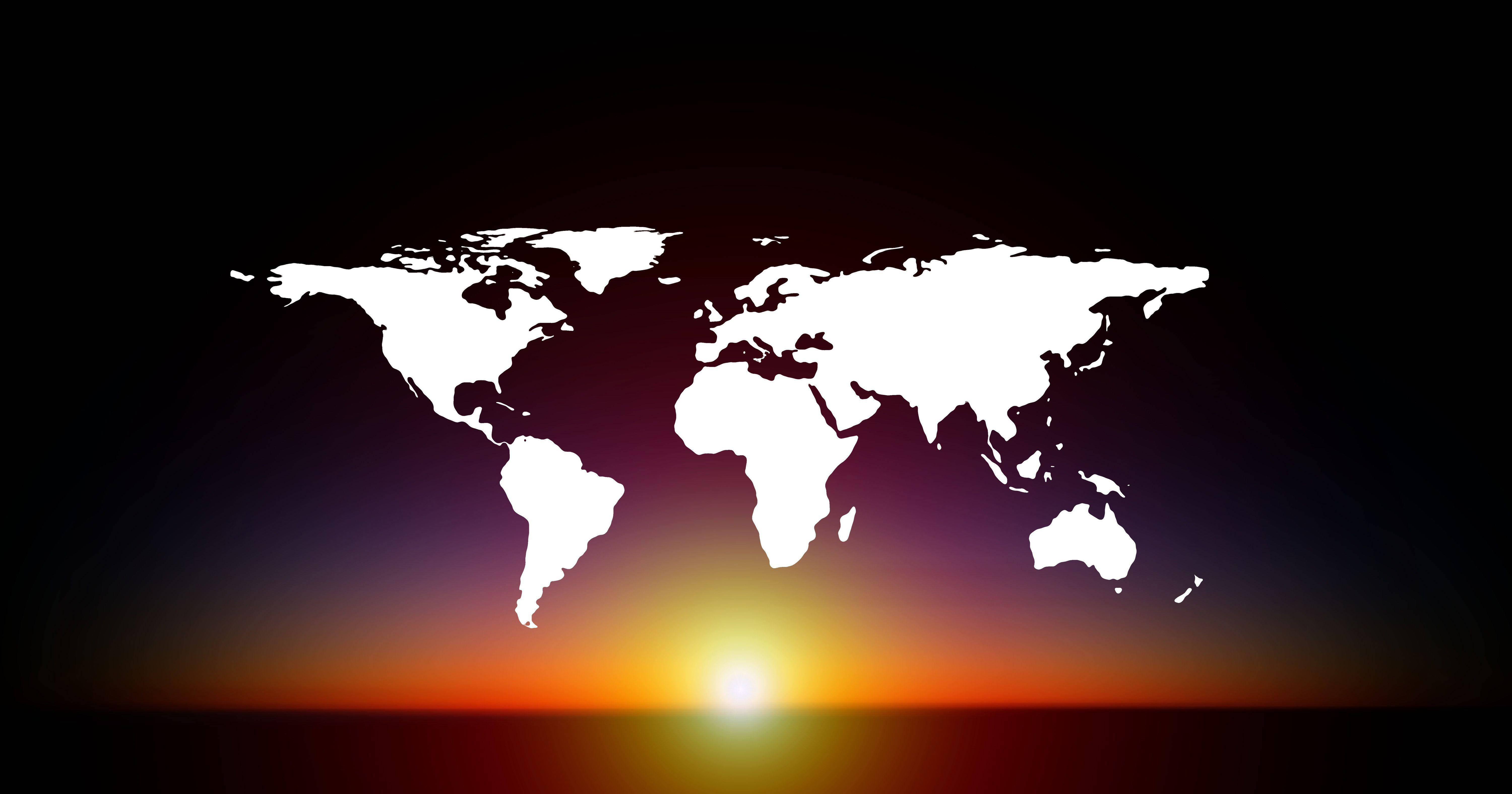 World Map 4K, purple sunset, glowing white world map silhouette, 5K Desktop Wallpaper