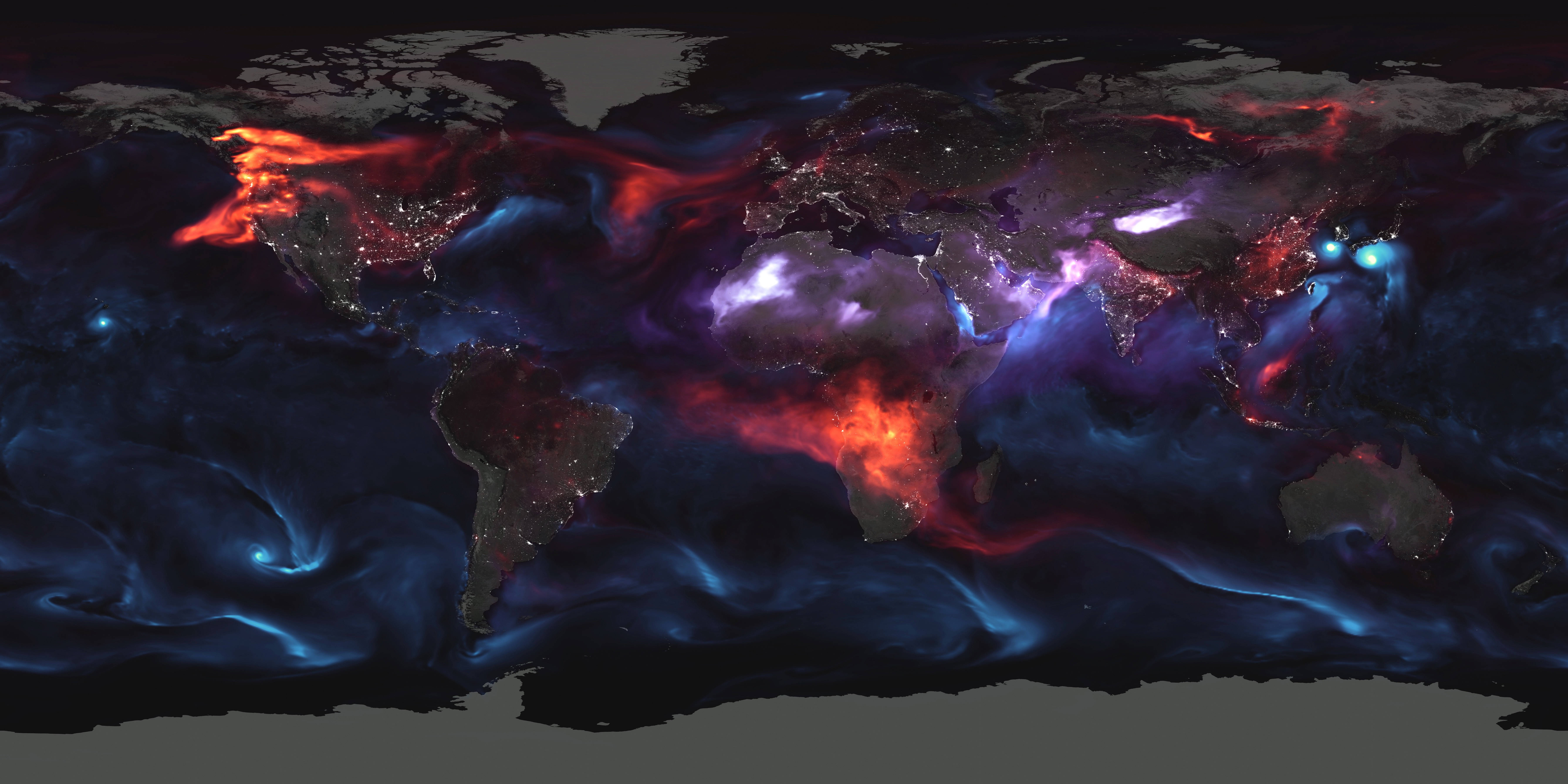 Aerosol Distribution World Map 4K, fiery red, electric blue, 5K Desktop Wallpaper