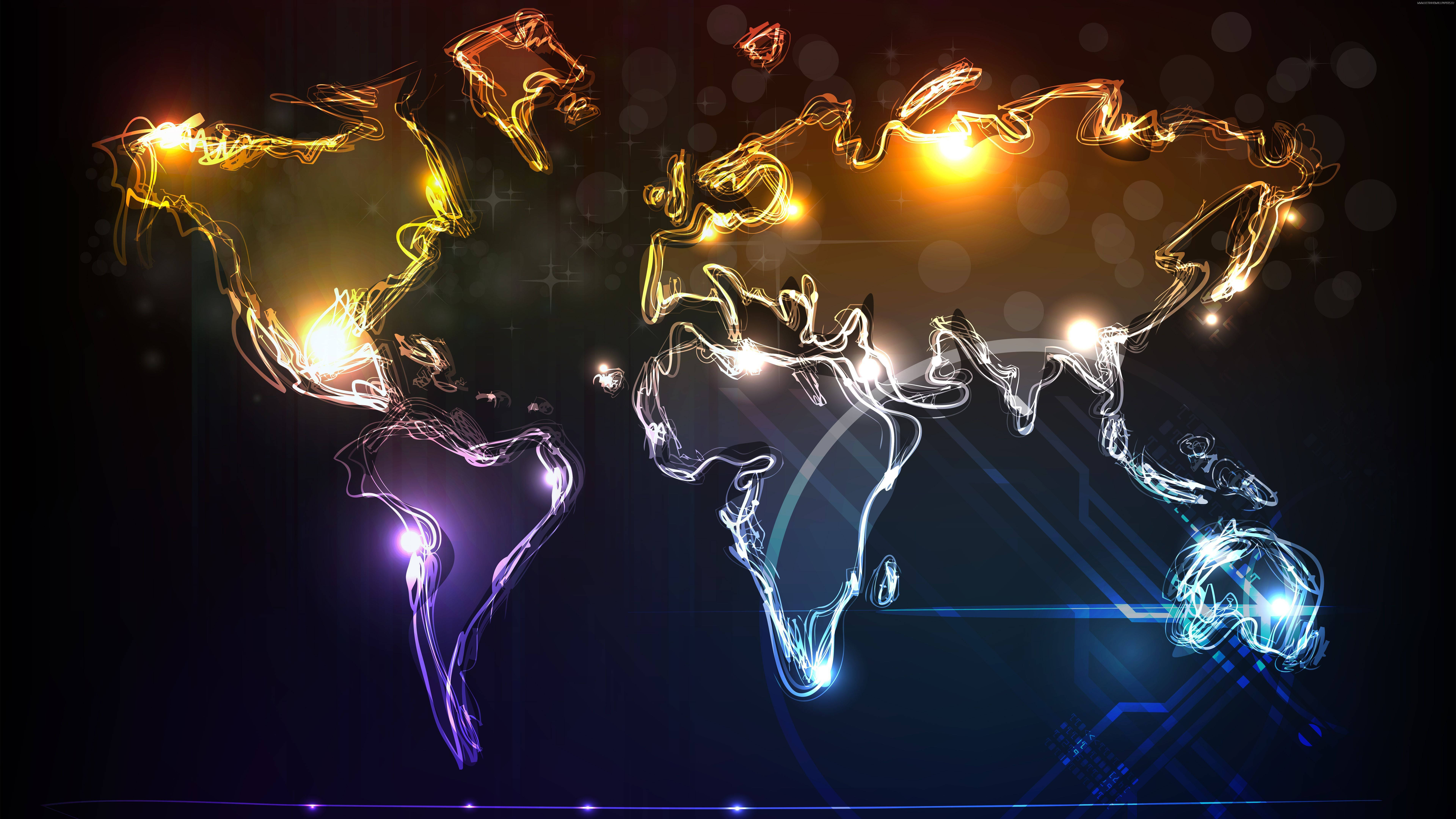 World Map 4K, neon world map, vibrant light trails, 8K Desktop Wallpaper
