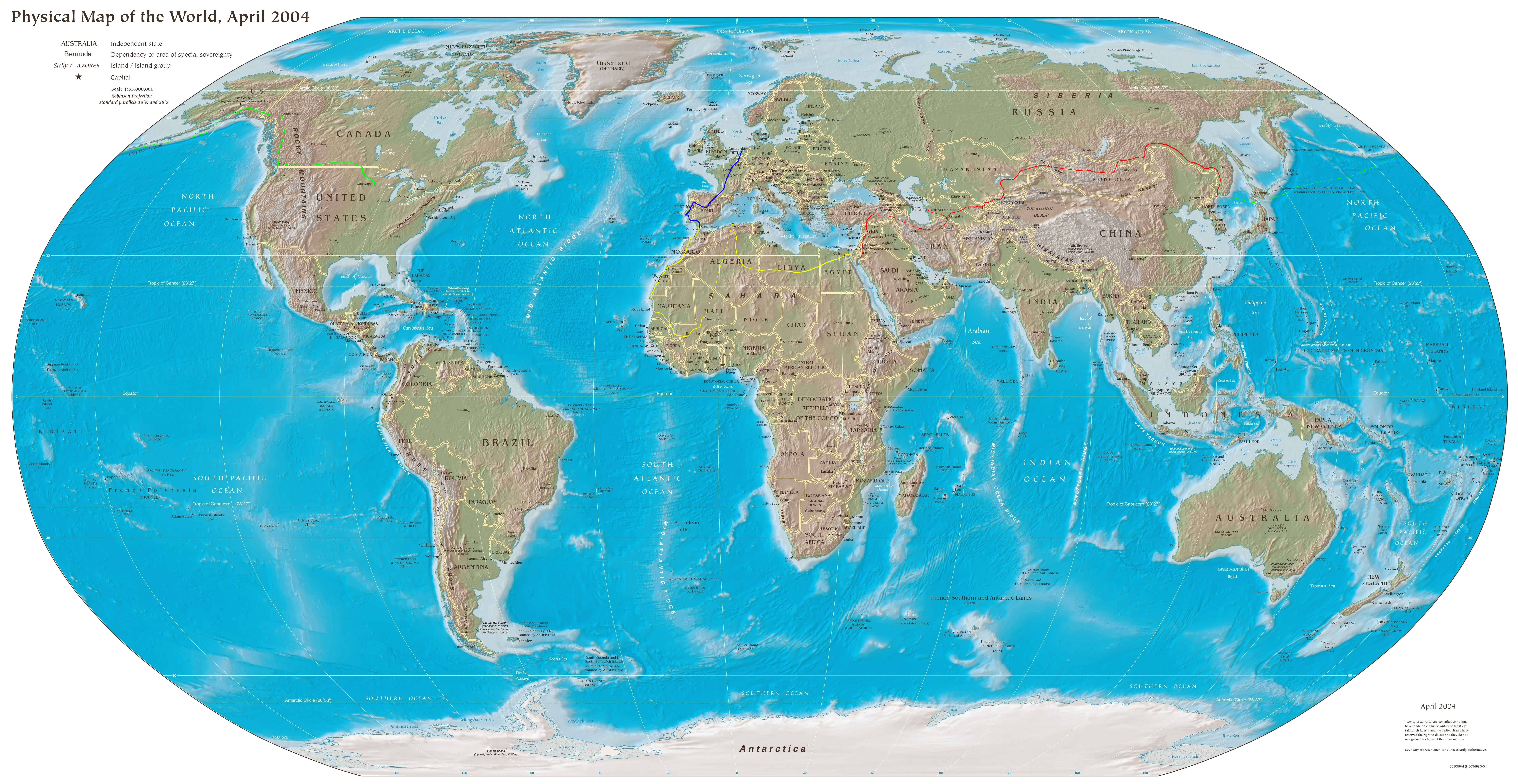 Physical World Map 4K 2004, April 2004, continents, 8K Desktop Wallpaper