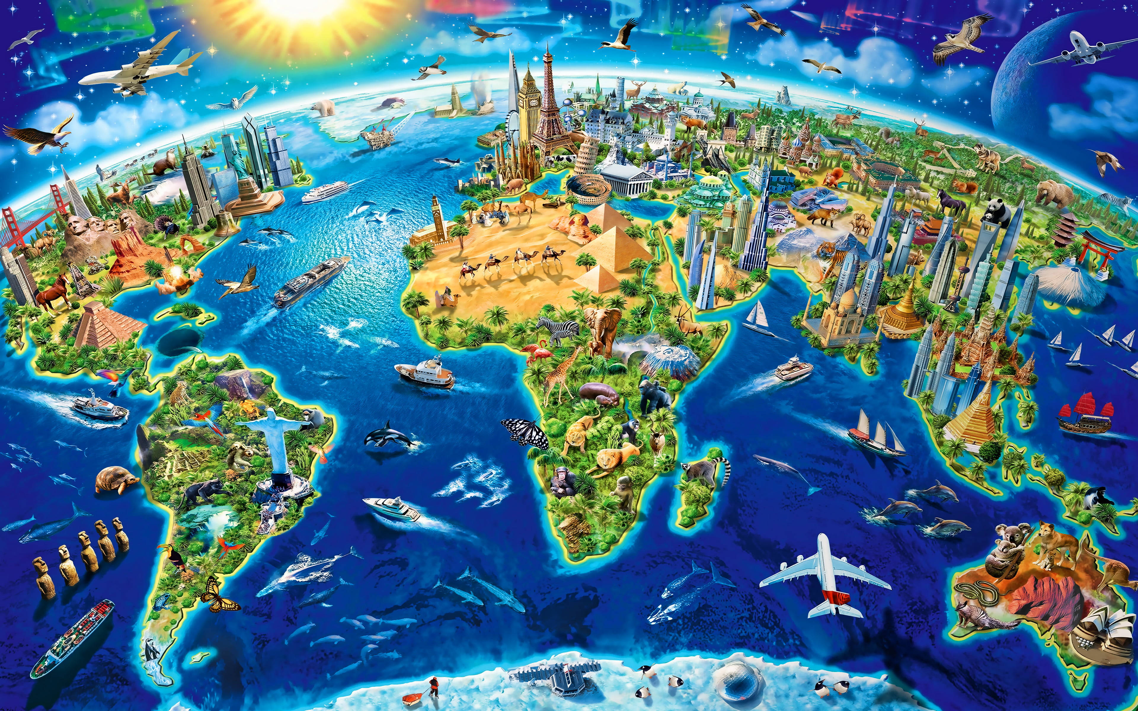 World Map 4K, landmarks, bright blue ocean, 4K Desktop Wallpaper