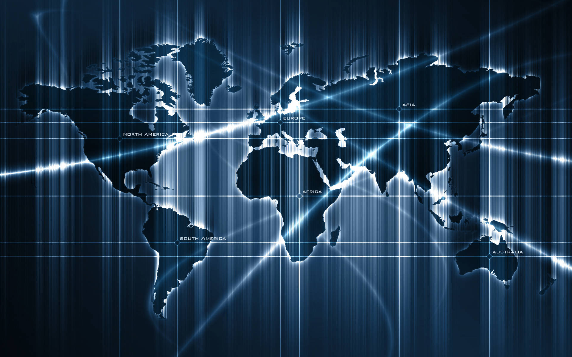 glowing blue digital world map, bright light beams, crisscrossing continents, Full HD Desktop Wallpaper