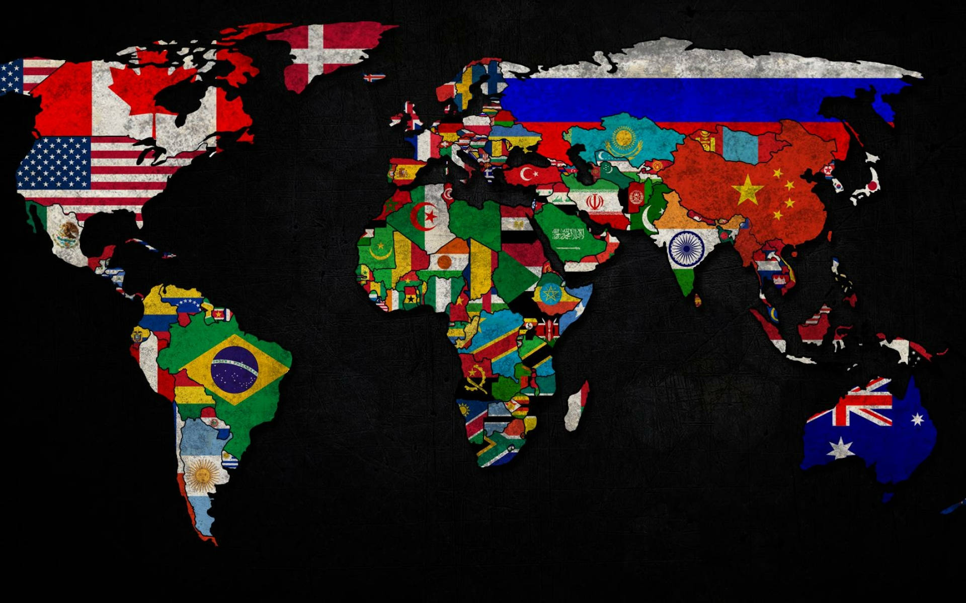world map, national flag, dark textured background, Full HD Desktop Wallpaper