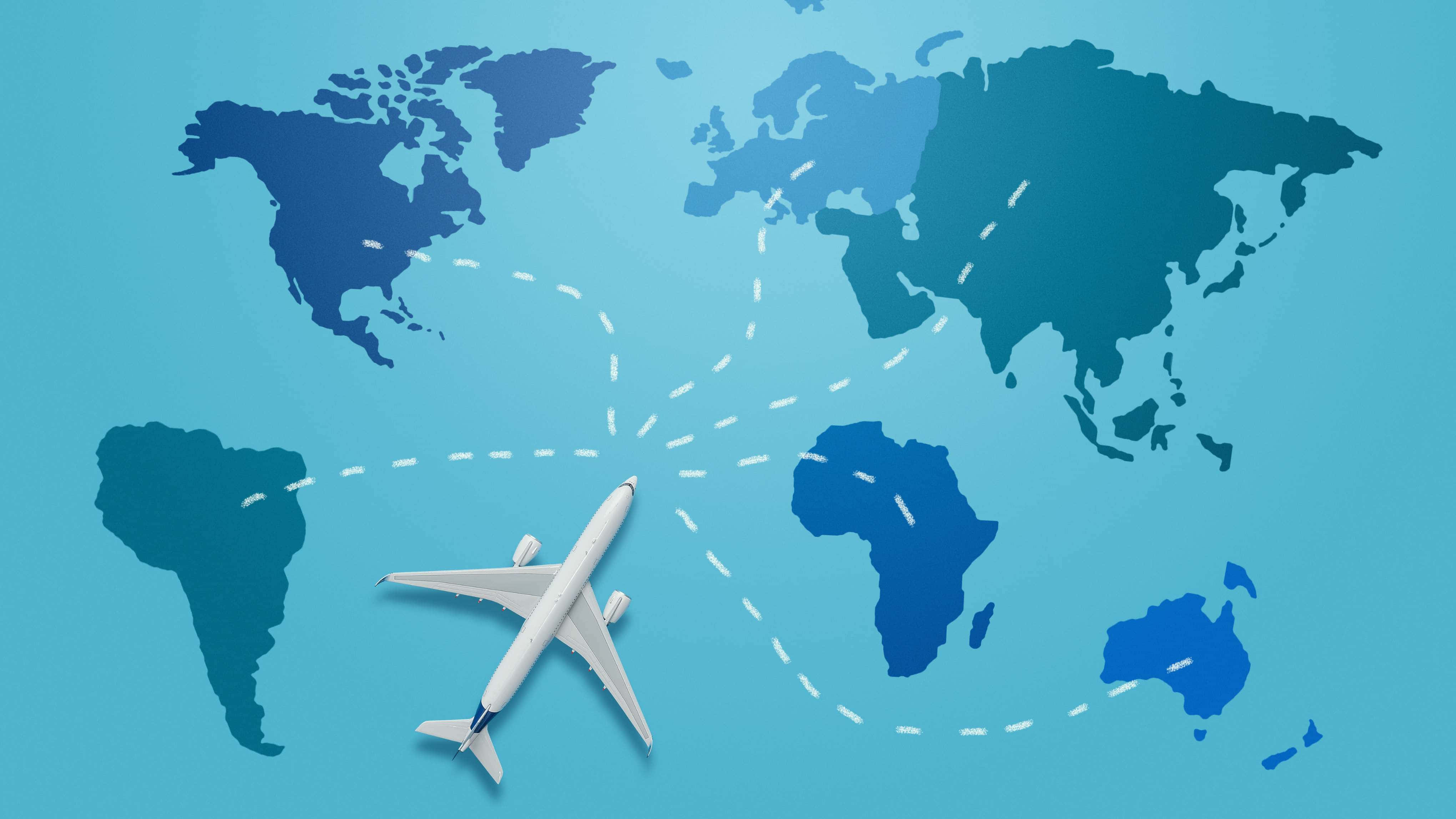white airplane, blue world map, dotted flight paths, 4K Desktop Wallpaper