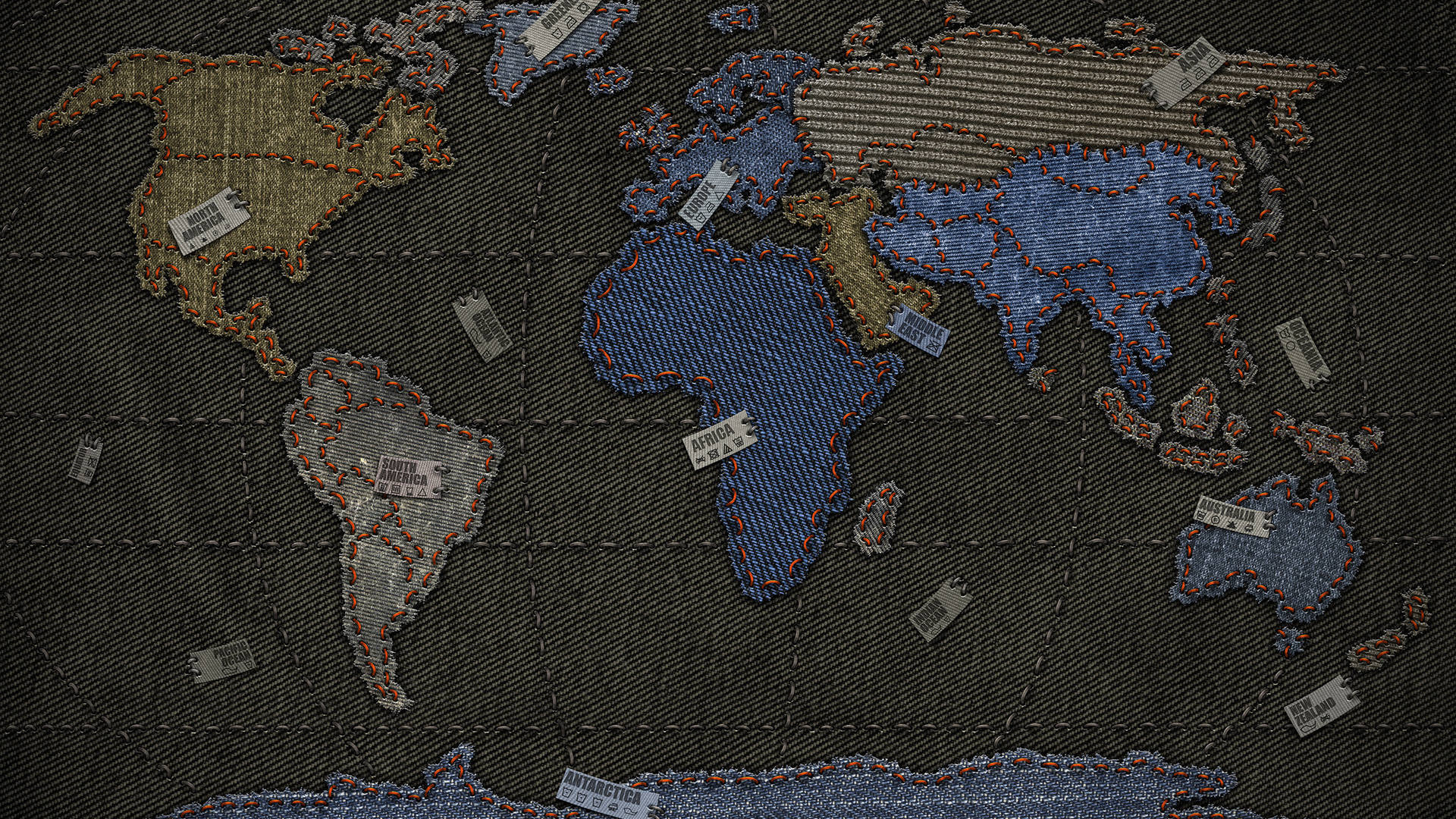 world map, denim fabric, colorful thread, Full HD Desktop Wallpaper