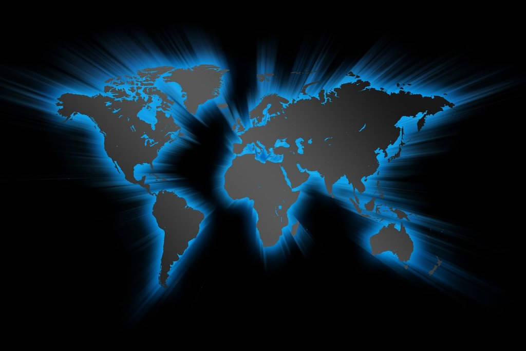 digital world map, glowing blue, black background, SD Desktop Wallpaper