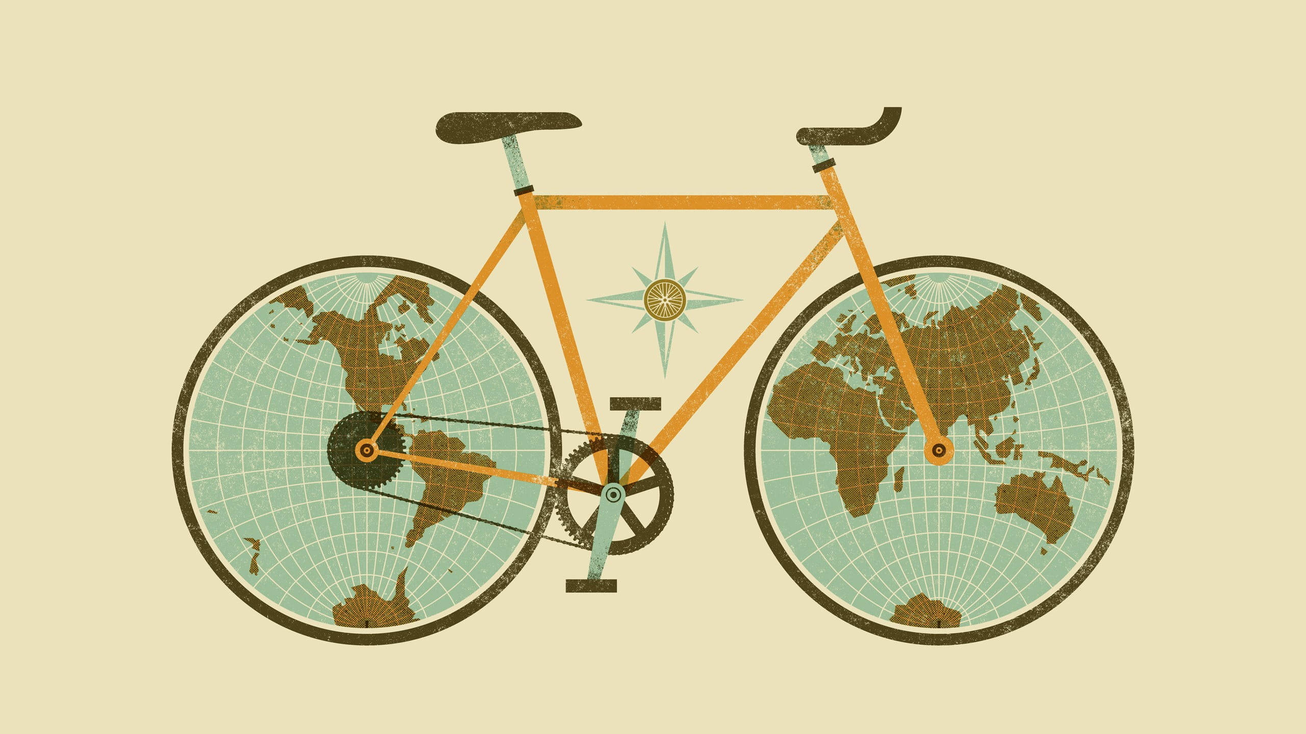 vintage orange bicycle, globe wheels, compass, 2K Desktop Wallpaper