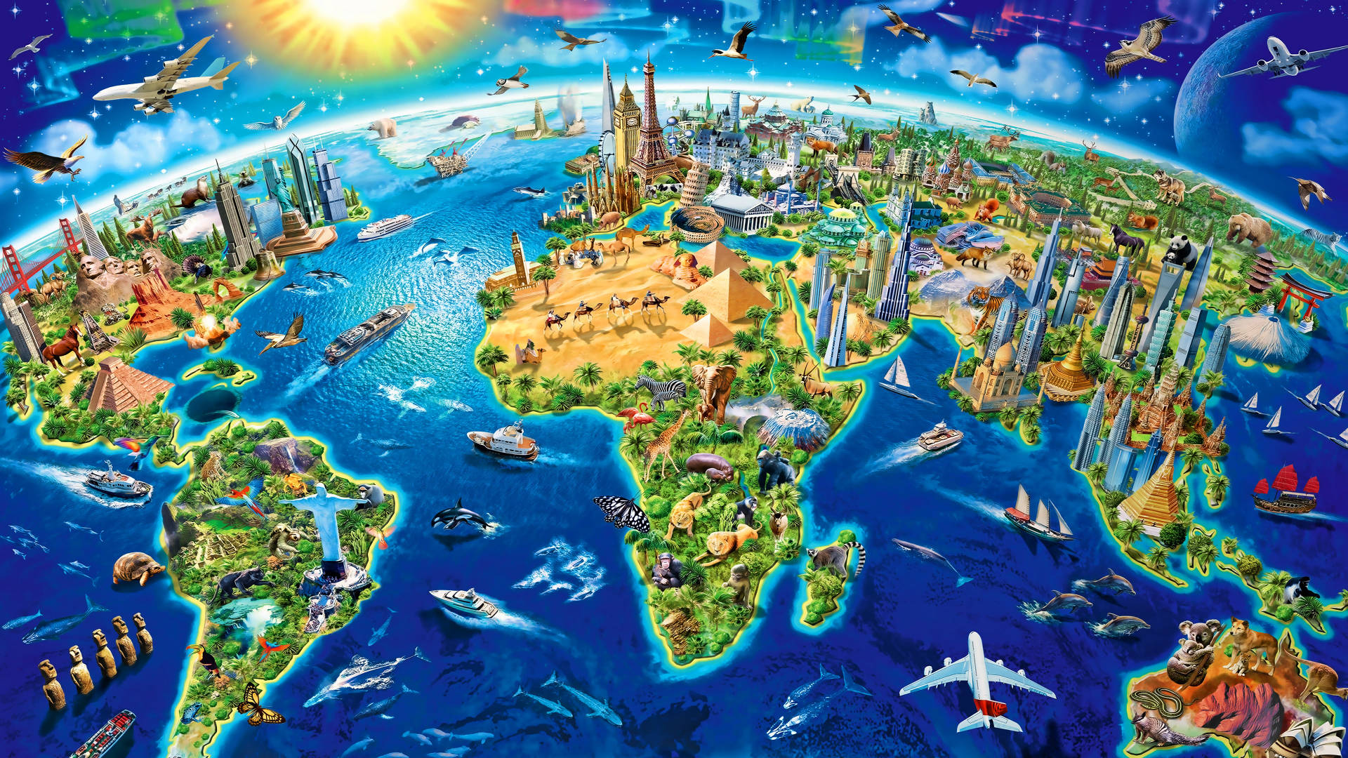 Vibrant World Map Cartoon, world map, iconic landmarks, Full HD Desktop Wallpaper