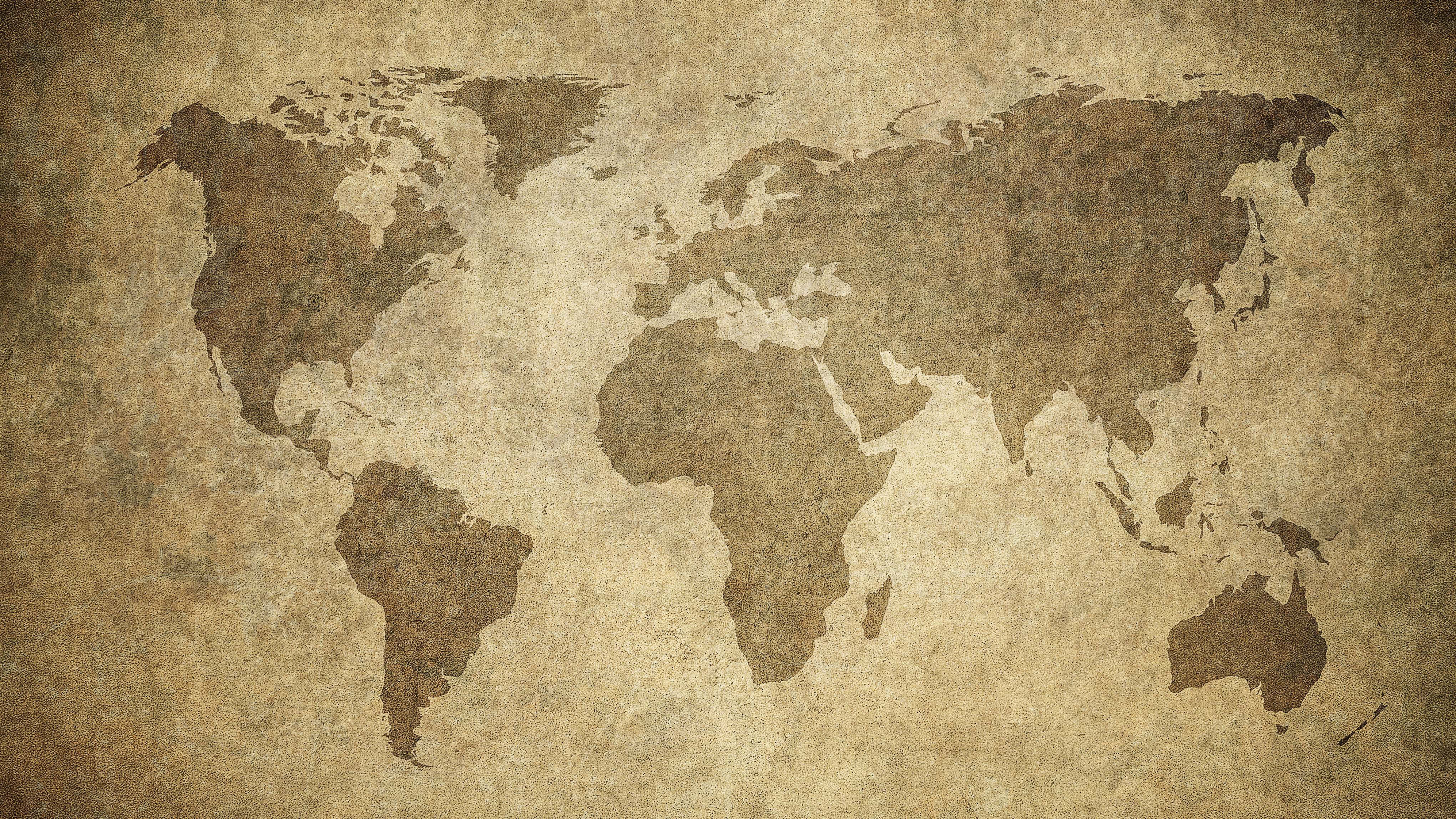 vintage world map, brown continents, aged parchment texture, 4K Desktop Wallpaper