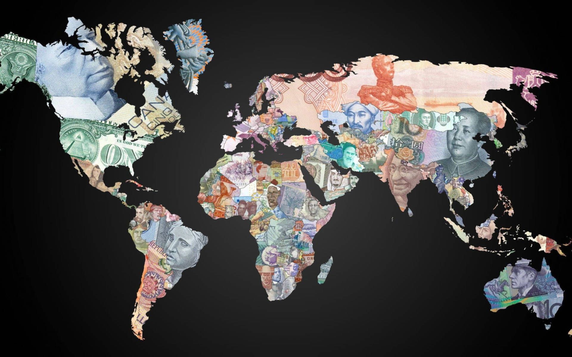 currency collage world map, world map silhouette, diverse colorful currency notes, Full HD Desktop Wallpaper