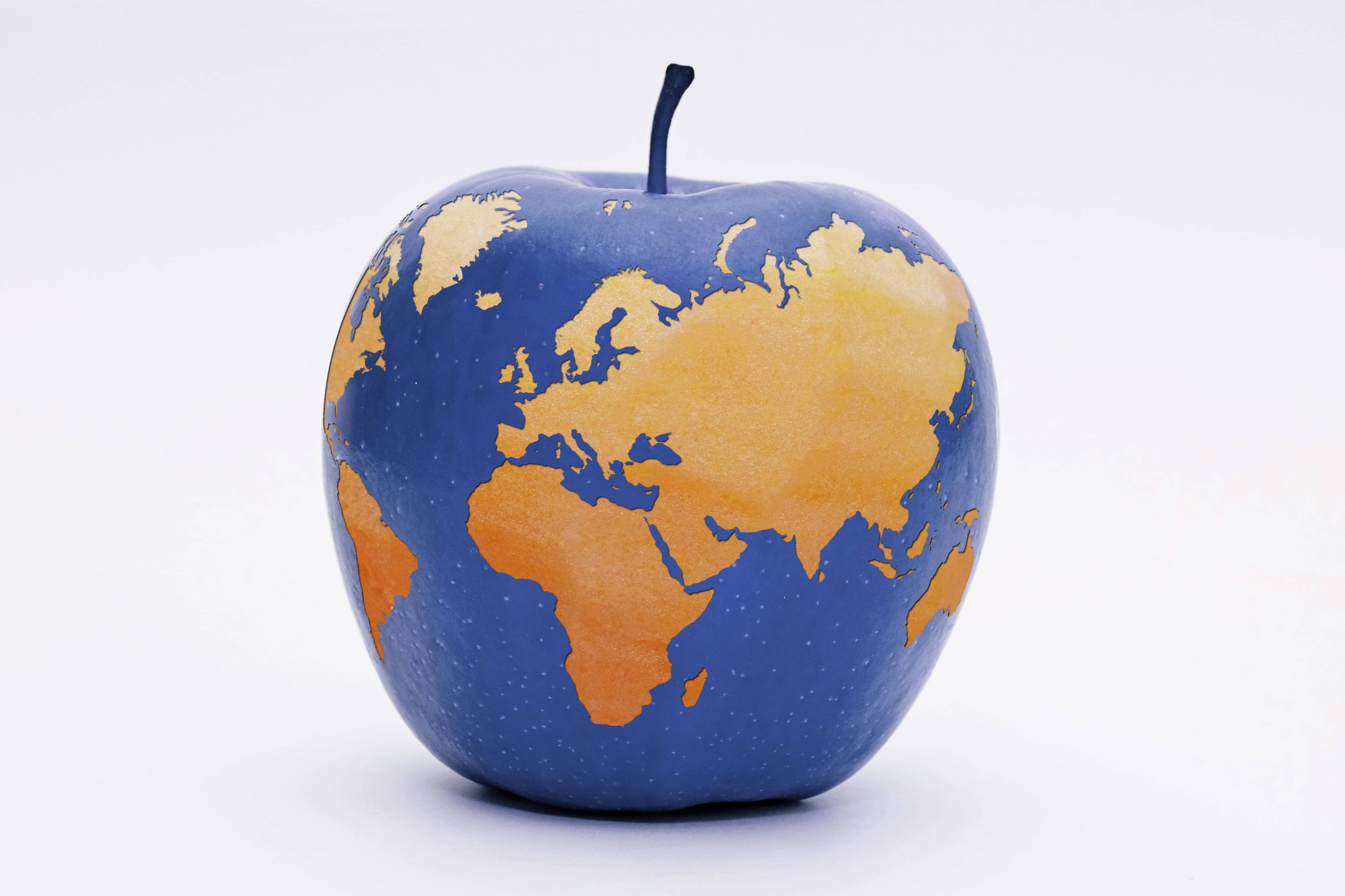 blue apple, golden world map, clean white background, 4K Desktop Wallpaper