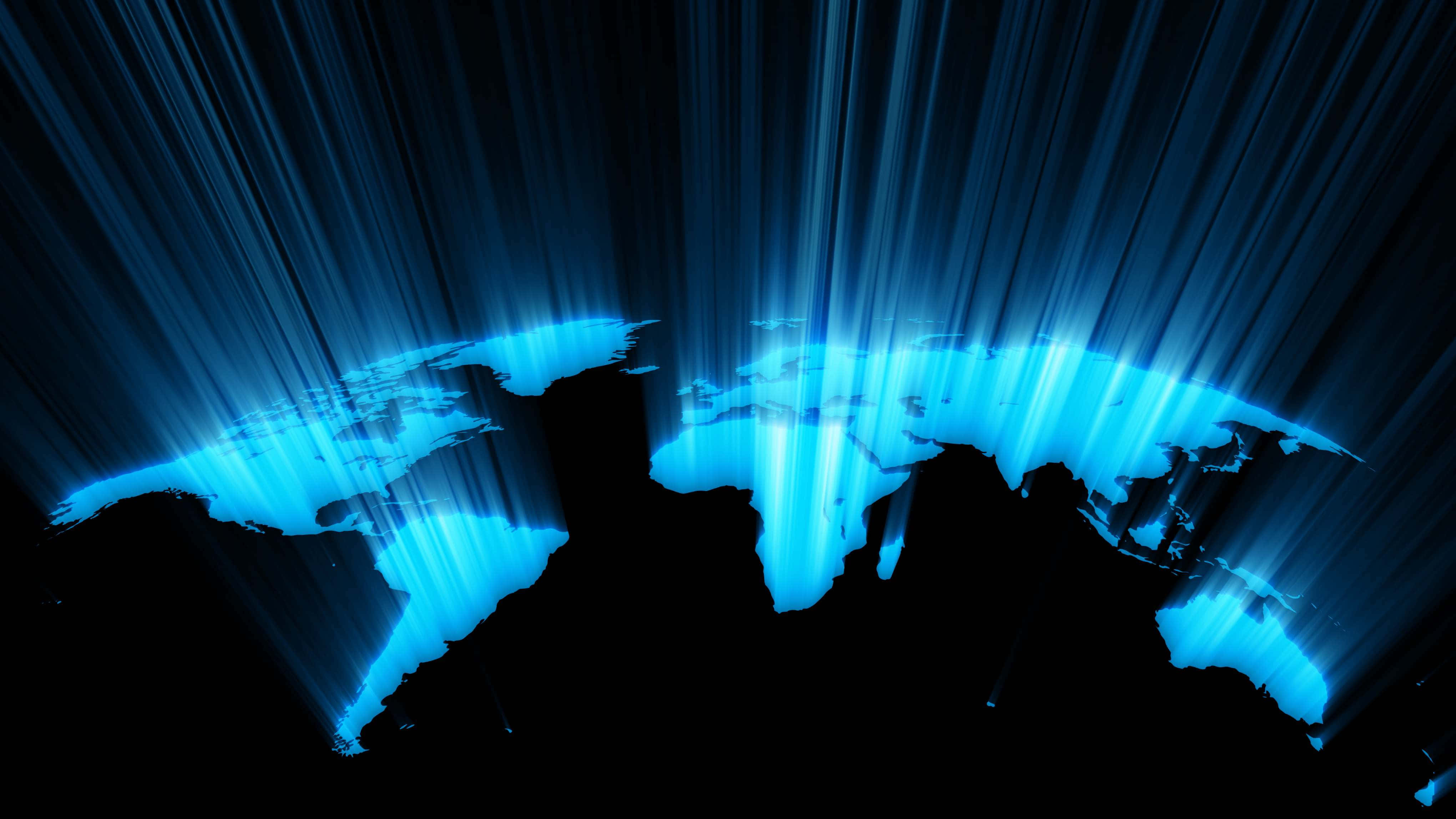glowing blue world map silhouette, light beams, dark background, 4K Desktop Wallpaper