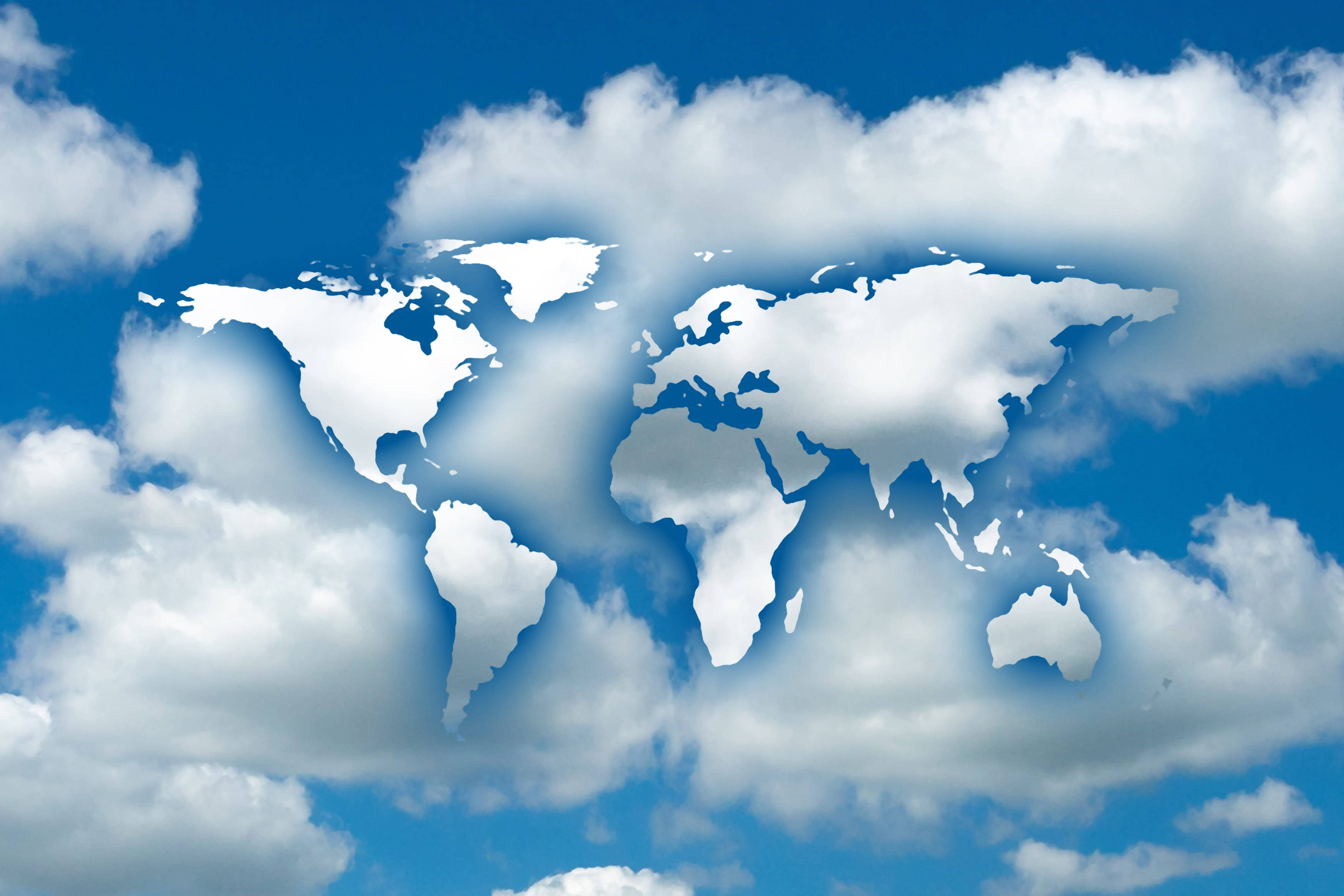 cloud shaped world map, world map silhouette, vibrant blue sky, 2K Desktop Wallpaper