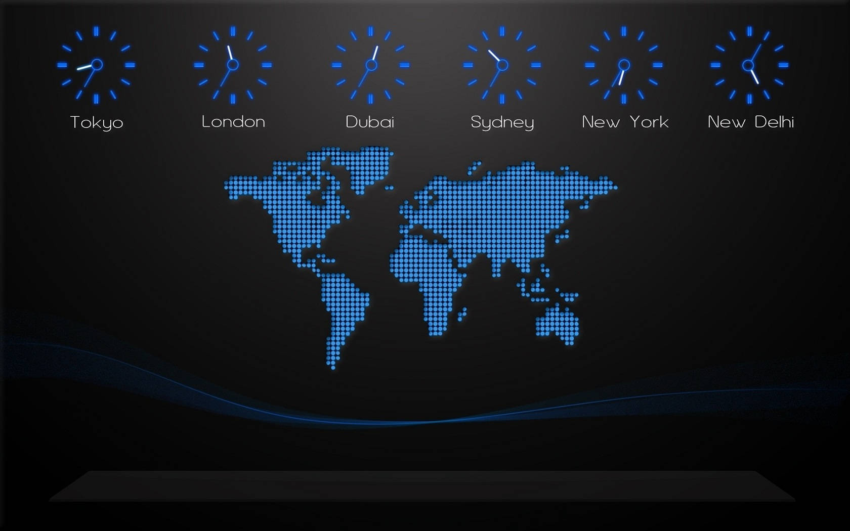 glowing blue dots, global time zones, six city clocks, HD Desktop Wallpaper