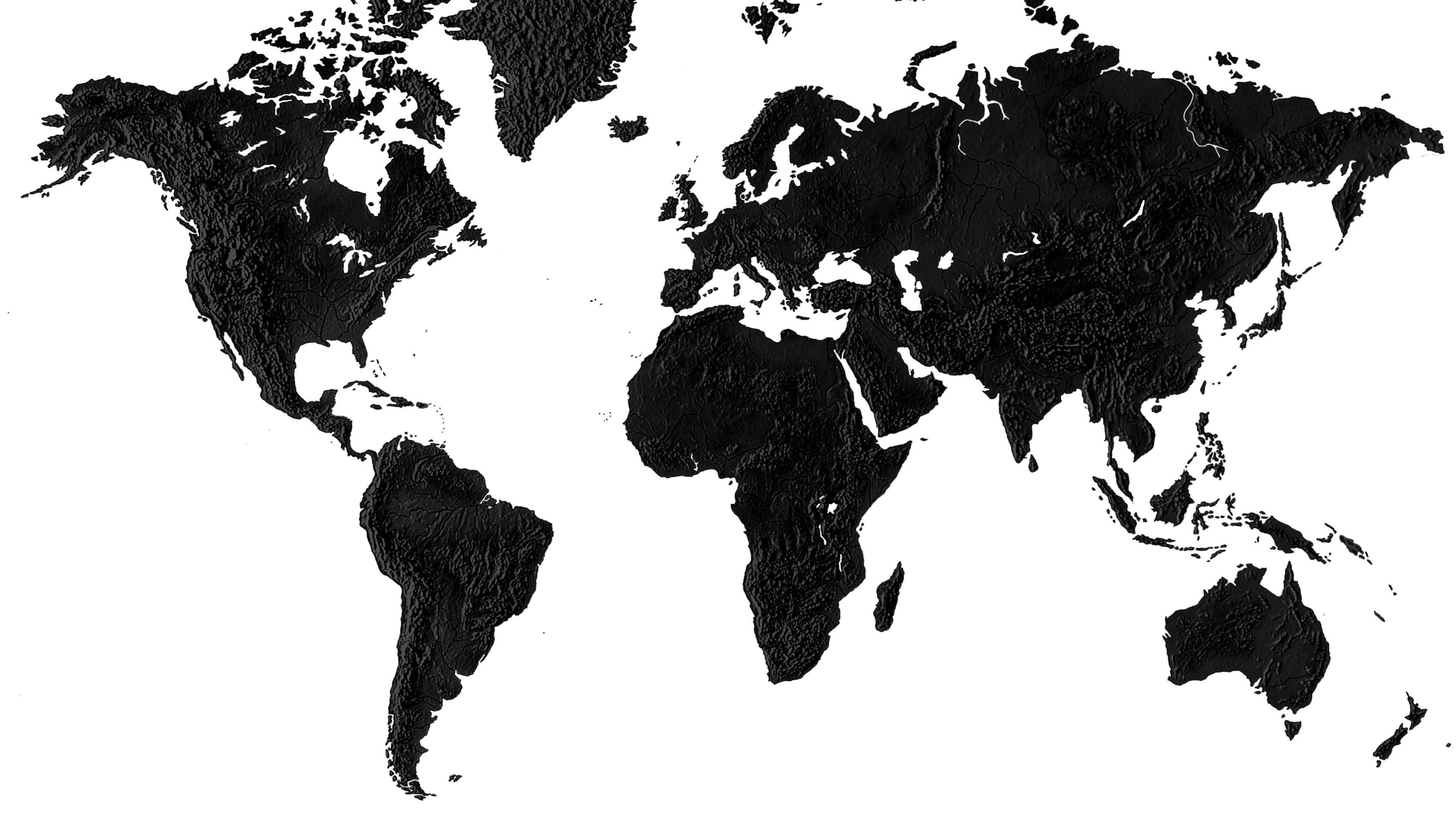 black 3D world map, textured continents, stark white background, 4K Desktop Wallpaper