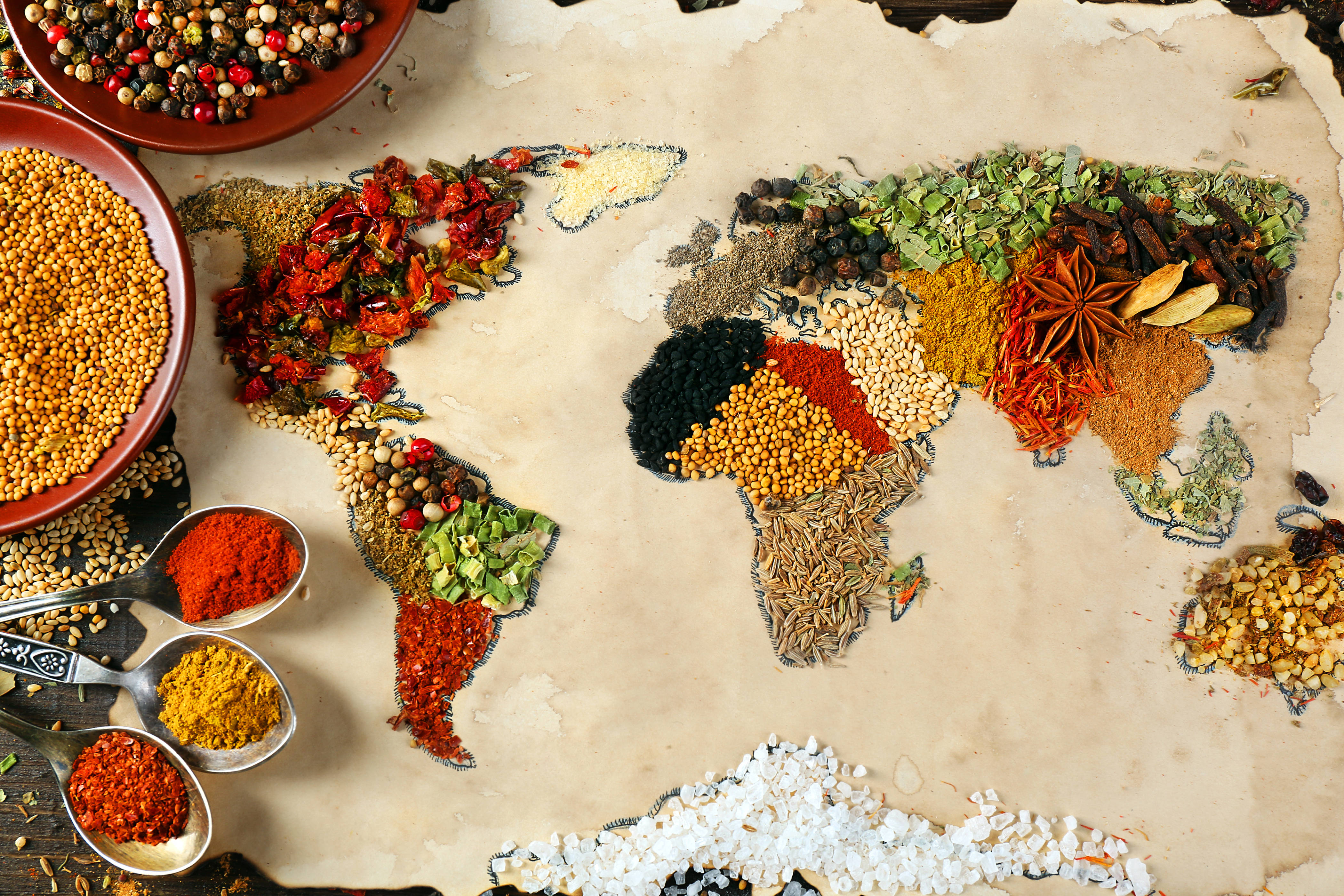 world map, vibrant global spices and herbs, parchment, 4K Desktop Wallpaper