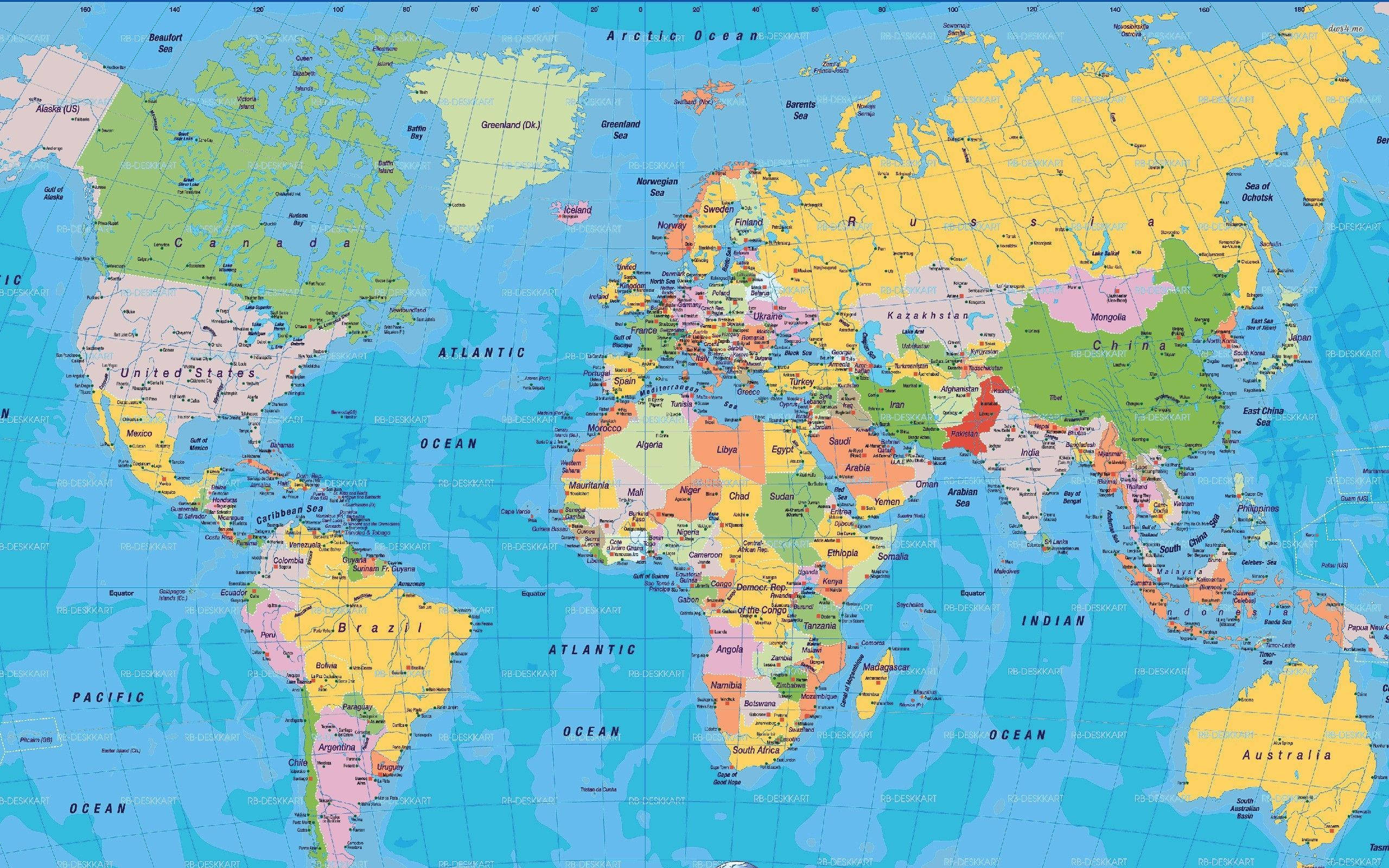 Color Political World Map, continents in varied hues, labeled countries, 2K Desktop Wallpaper