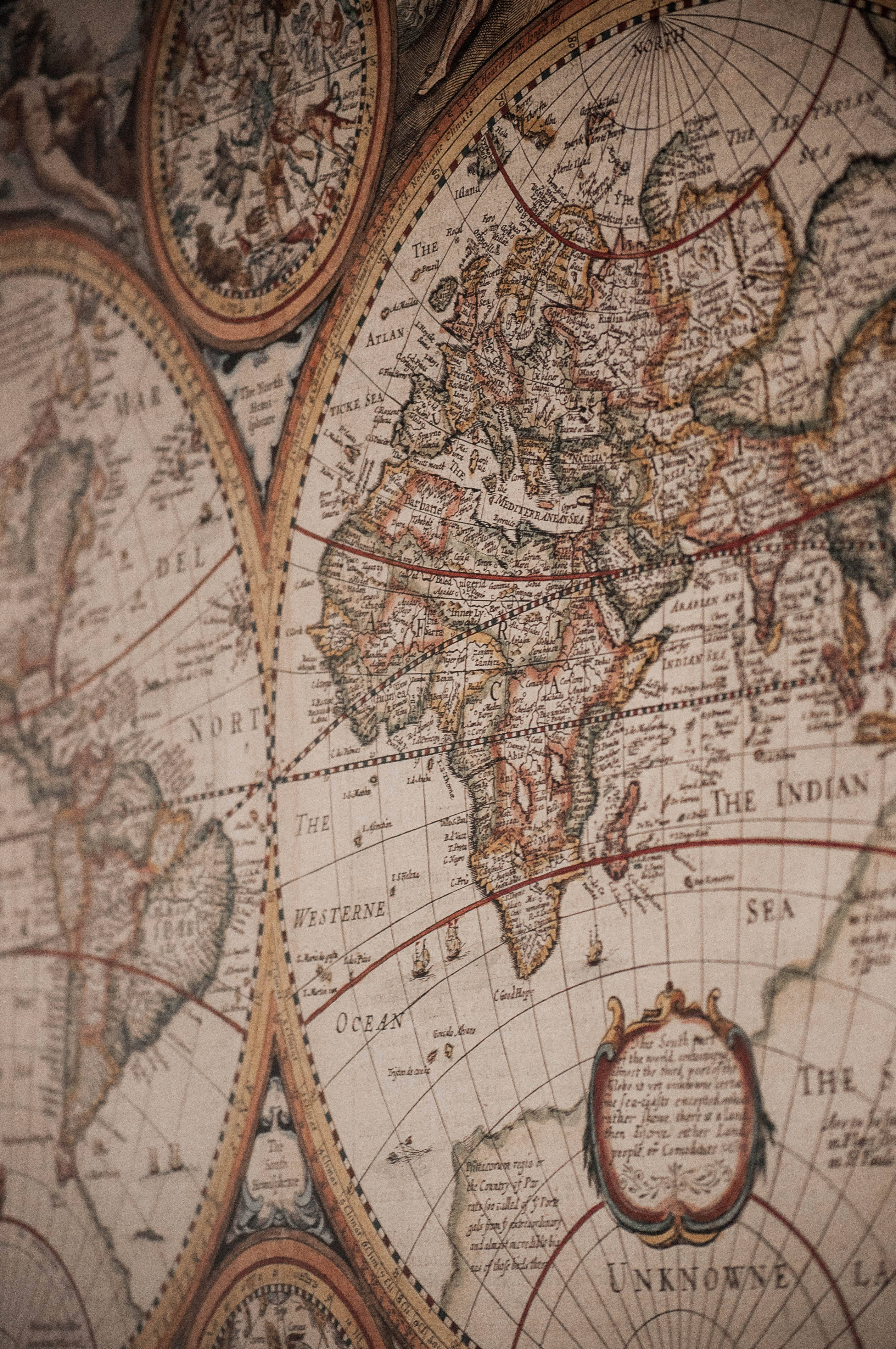 ancient geography world map, vintage antique world maps, ornate borders, 4K Phone Wallpaper