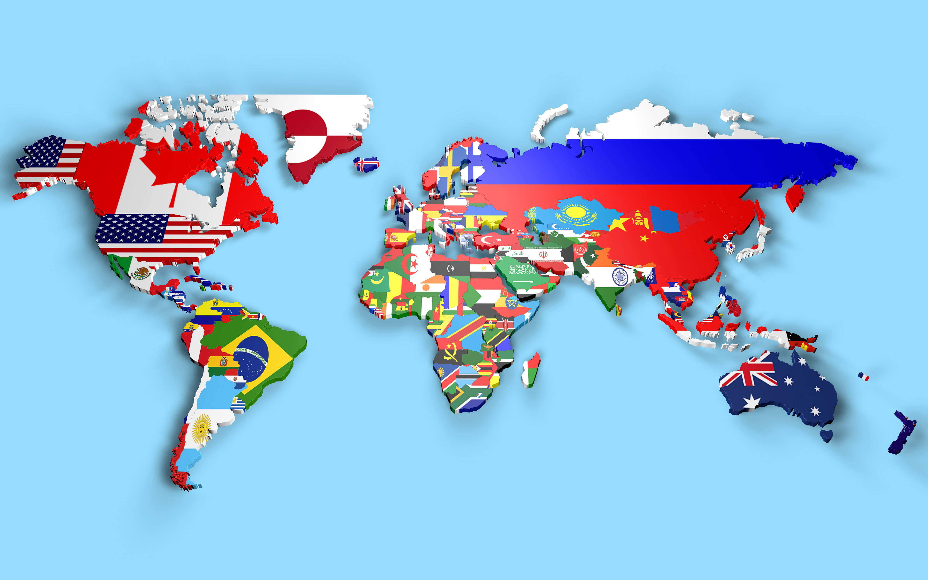 3d-rendered world map, country flags, light blue background, 4K Desktop Wallpaper