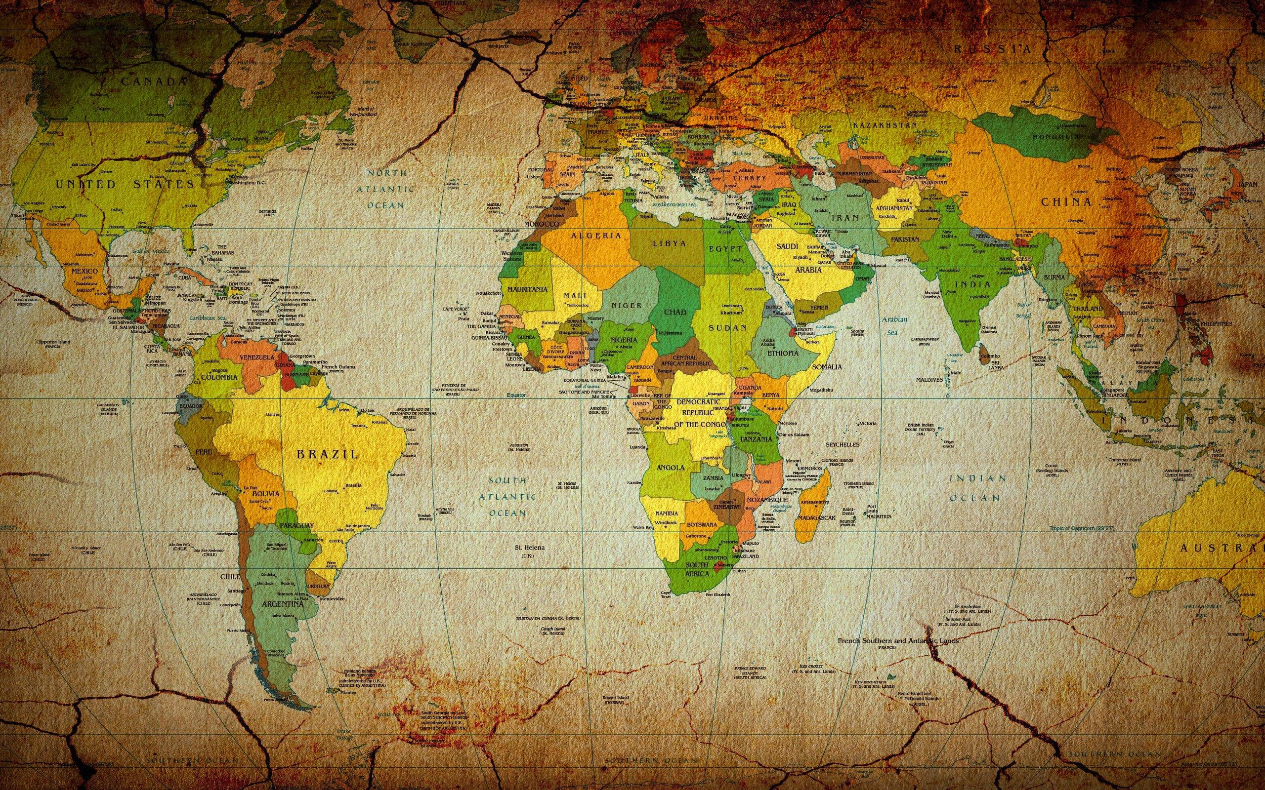 vintage world map, cracked parchment texture, faded colorful countries, 2K Desktop Wallpaper